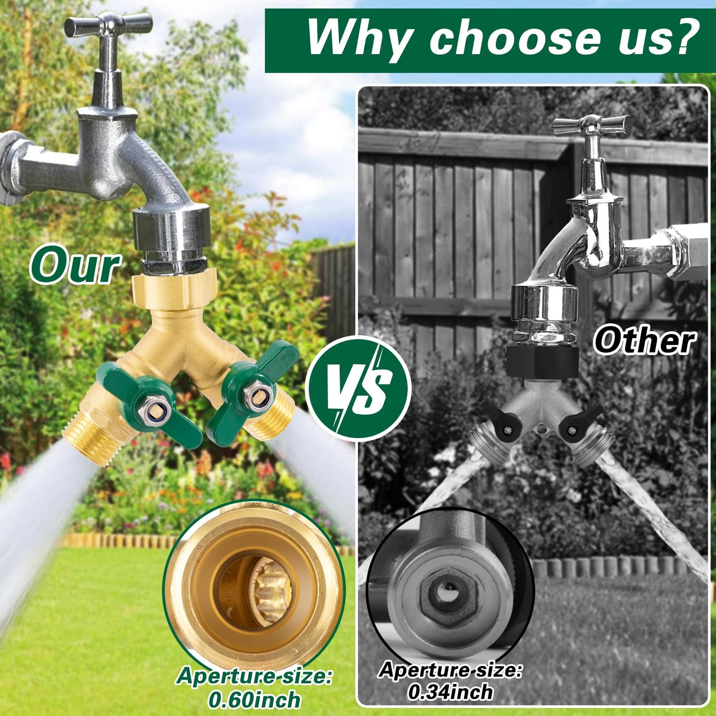 Cekwiet Heavy Duty Garden Hose Splitter 2 Way, Brass Full Flow Y Hose Splitter with Thickened Easy-Turn Handle, 3/4" GHT Outdoor Faucet Connector with Shut-Off Valves