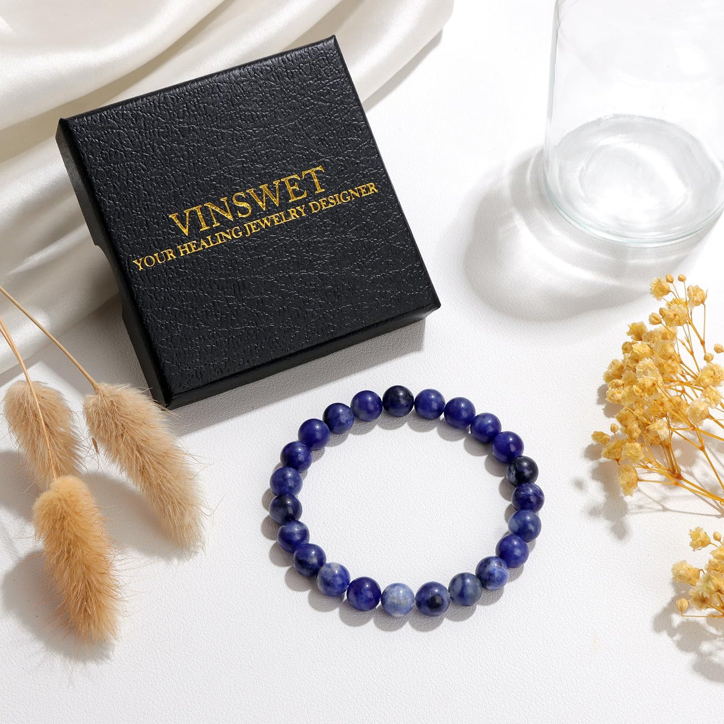 Vinswet Healing Crystal Bracelets for Women Men 8mm Sodalite Natural Stone Beaded Stretch Bracelet Handmade Gemstone Reiki Spiritual Jewelry Gifts