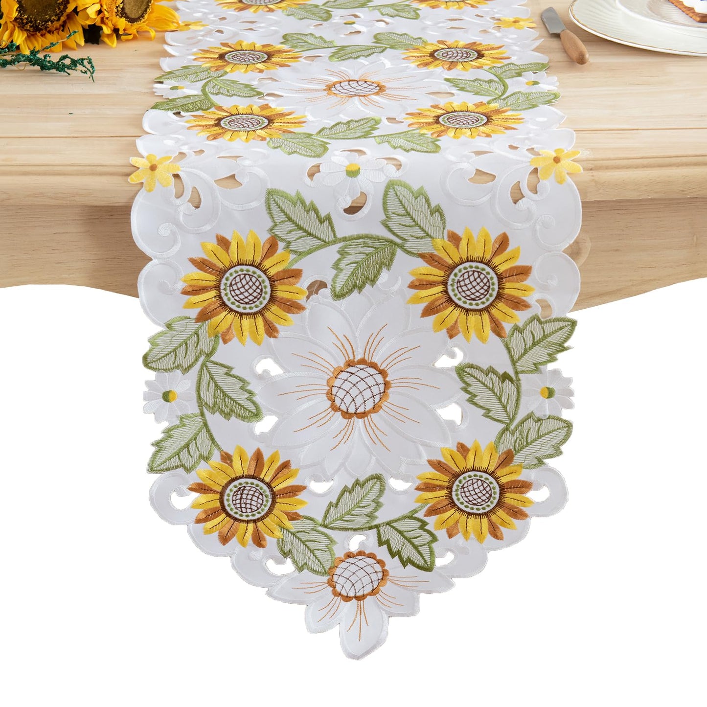Joyfol Day Embroidered Spring/Summer Table Runner, Flowers Table Runners for Holiday Home Kitchen Dining Tabletop Decoration (14 X 69 inch, Sunflower )