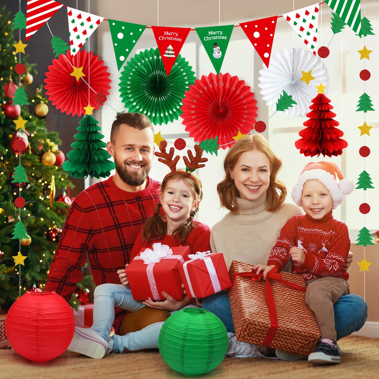 YOVIWEI Christmas Party Decorations - Red & Green Christmas Flag, Xmas Tree Honeycomb Balls Garland Paper Fans Paper Lanterns for Holiday Party Decorations Winter Party New Year's Eve Classroom Decor