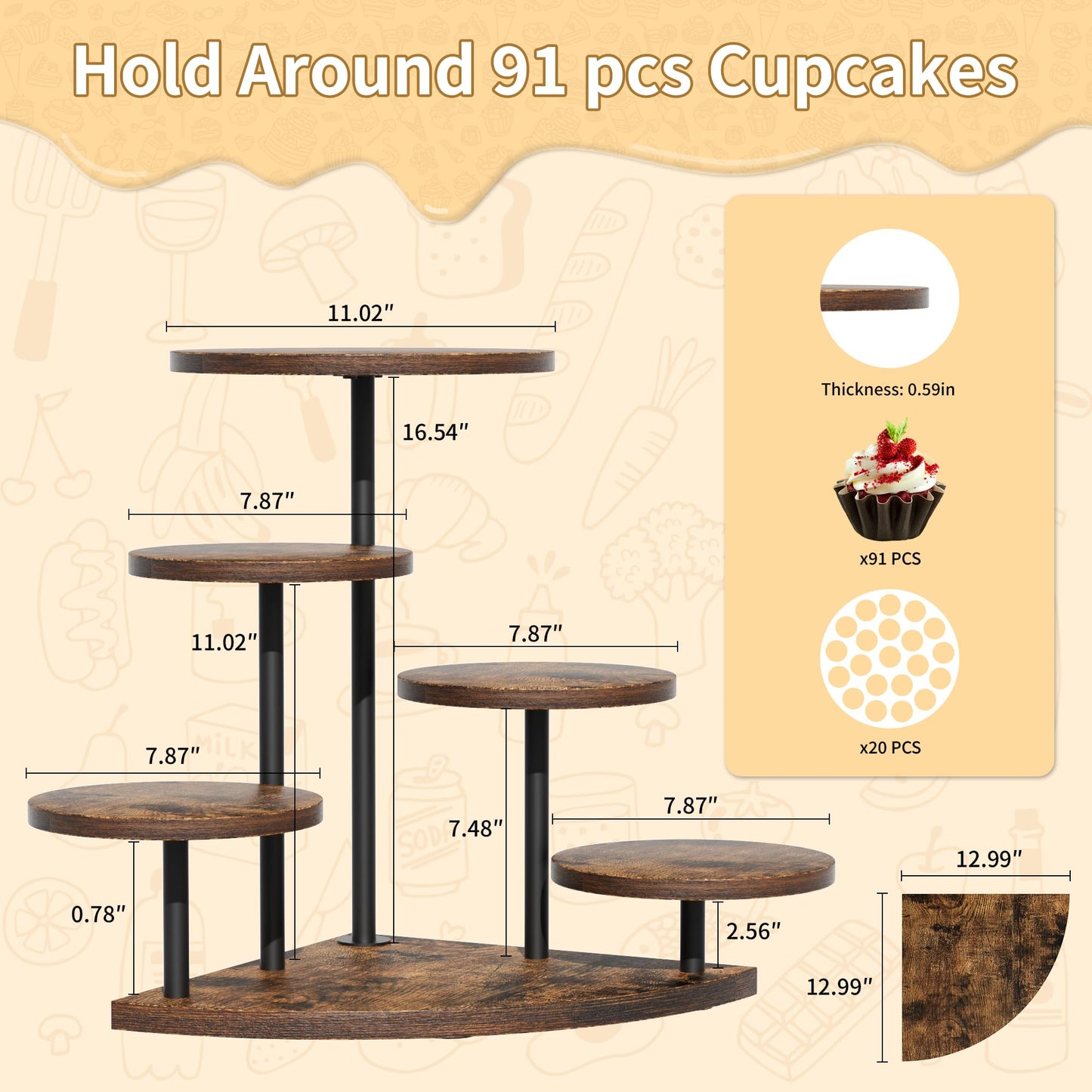 Cake Stand for Cupcake Dessert Display - 6 Tiered Corner Tray Dessert Table Stand, Cupcake Tower for 102 Cupcakes, Wood Cake and Cup Cake Stand Combo Serving Trays for Party Wedding Birthday