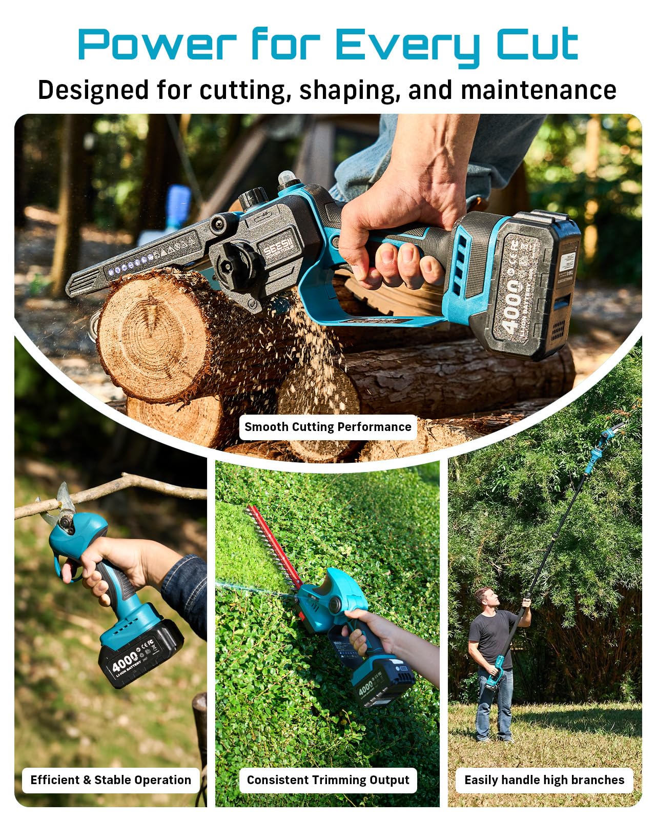 SEESII Cordless Pole Chainsaw, Hedge Trimmer, Pruning Shears, 4000mAh Battery Powered Extendable Garden Tool Kit for Outdoor Use, Electric Long Reach Saw, Hedge and Grass Trimmer, Pruner for Yard Care