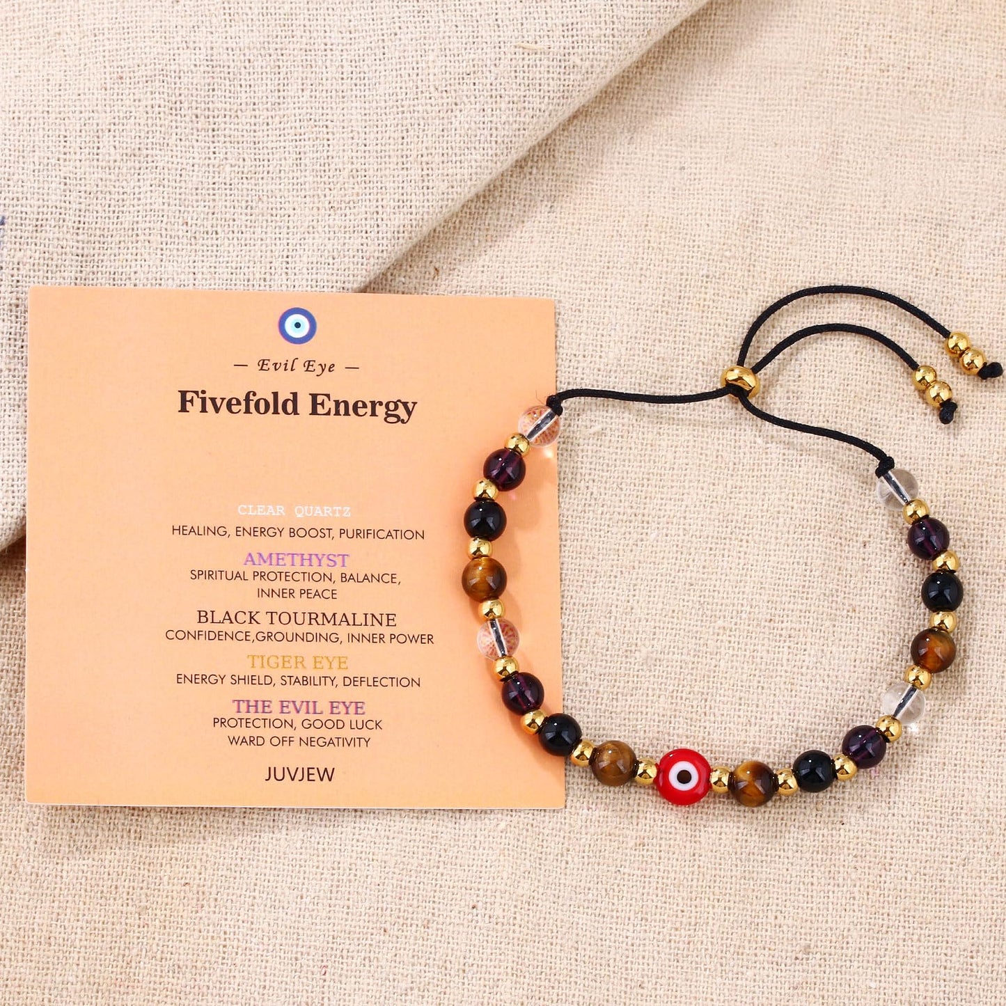 Cute Evil Eye Bracelet Red Black - Natural Crystal Protection Adjustable Spiritual Guardian Jewelry- 5 Healing Stones Clear Quartz Amethyst Black Tourmaline Tiger Eye Bracelet Adjustable (Red Eye-Black Rope)