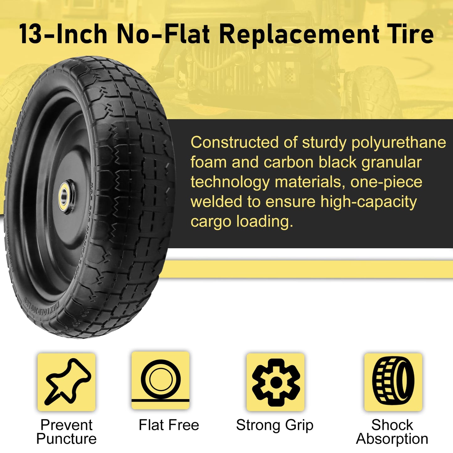 13" Flat Free Wheels for Gorilla Carts, 4.00-6 Solid Tires with 5/8" Bearings & 2.17" Offset Hub, Replacement for Garden Carts, Hand Truck, Yard Trailer, 2 Pack | Vypart