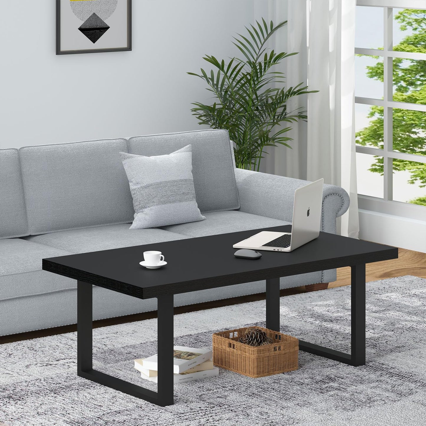 IBF Modern Black Coffee Table, Minimalist Industrial Wooden Center Table, Simple Farmhouse Rectangle Living Room Table, Wood and Metal Cocktail Coffee Table for Home Bedroom Office, Black Oak, 47 Inch