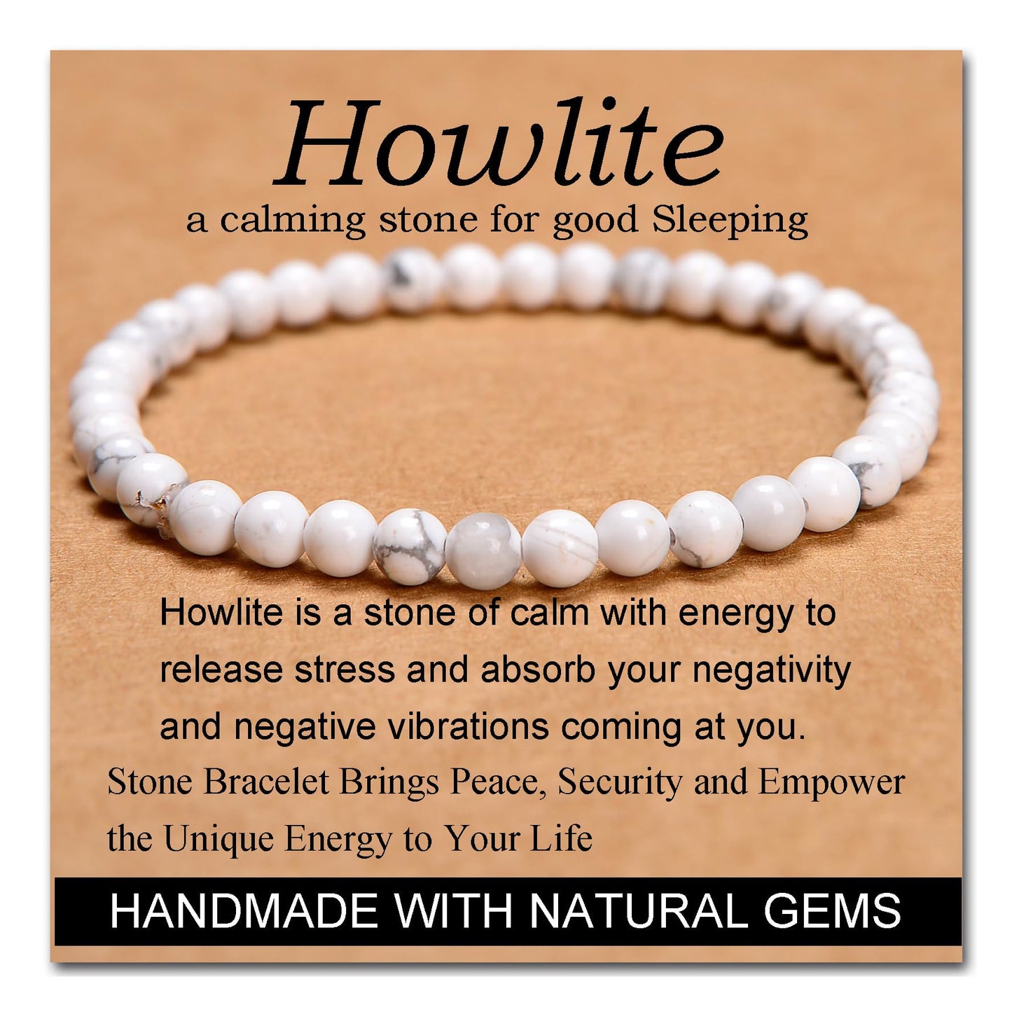 MASSIVE BEADS Howlite - Stone of Good Sleep - Handmade Yoga Stretch Elastic Bracelet Natural Stone Crystal Healing Power Energy Gifts for Unisex Adult 4mm
