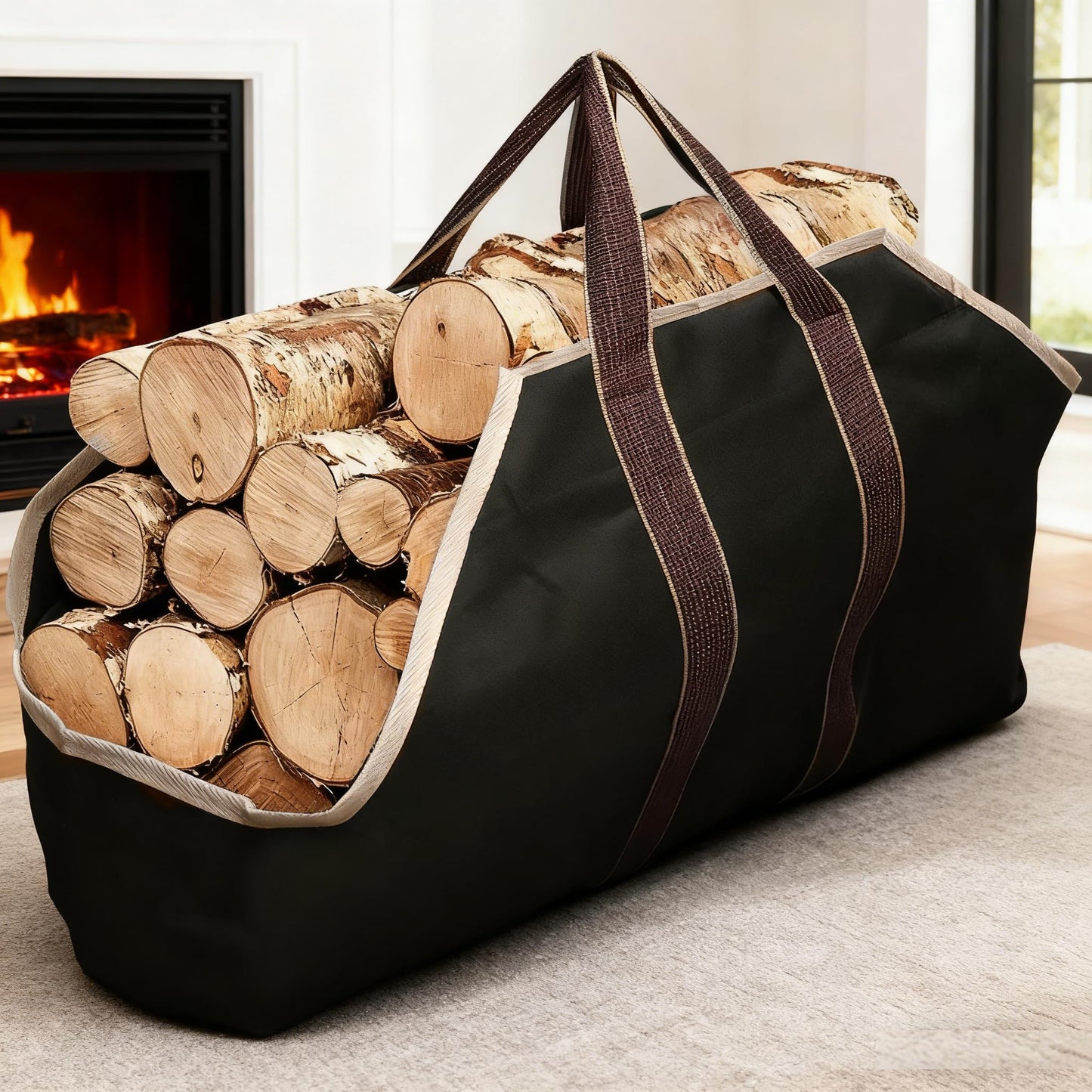AMAGABELI Large Canvas Log Tote Bag Firewood Carrier Heavy Duty Fireplace Log Holder Fire Wood Carriers Carrying with Handle Wood Sling Fire Place Outdoor Cabin Stove Accessories Black-Enclosed Ends