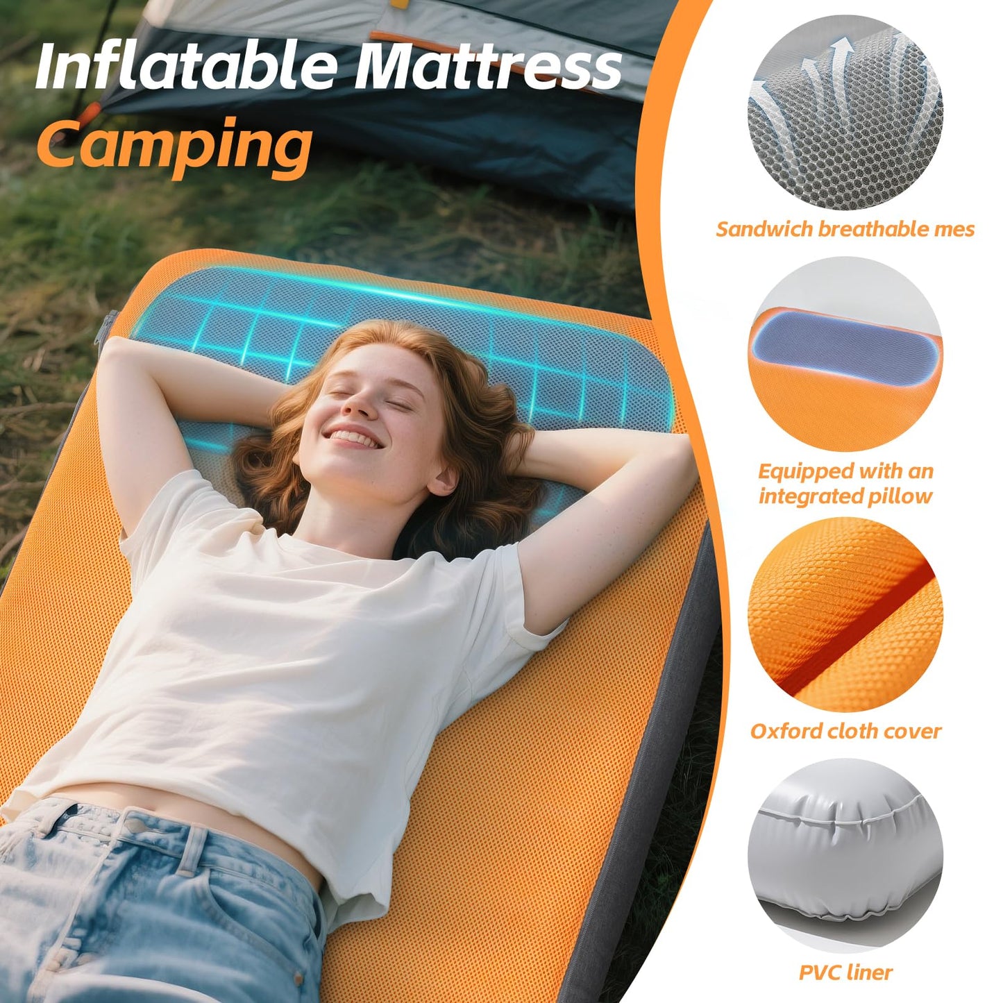 Sleeping Pad, 5.5" Thick Self Inflating Sleeping Pad with Electric Pump,4 Season Camping Mattress Pad with Built-in Pillow, Camping Essentials Gear for Hiking, Backpacking,Tent Use,Camping(Orange)