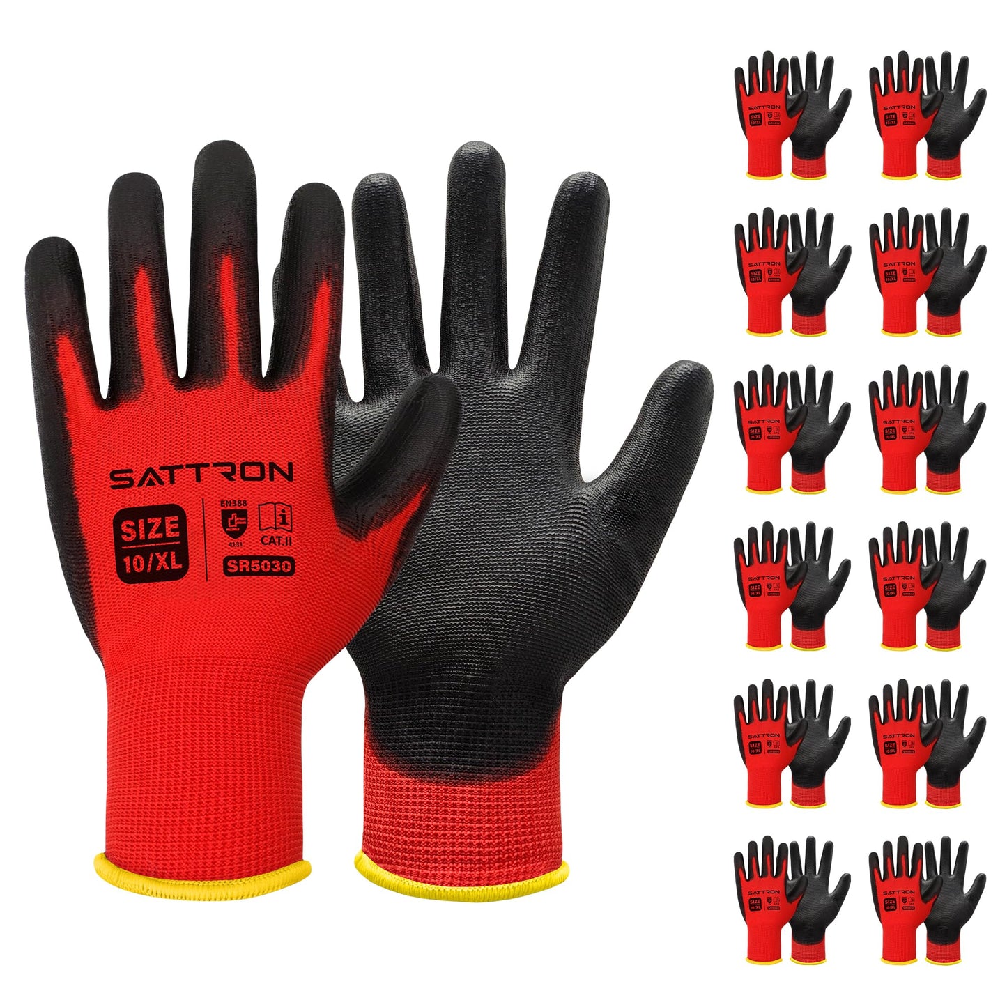 SATTRON Safety Work Gloves PU Coated, 12 Pairs Seamless Knit Gloves with Polyurethane Coating Working Gloves Excellent Grip for Men & Women, Breathable, Ideal for General Duty Work DIY (Red, X-Large)