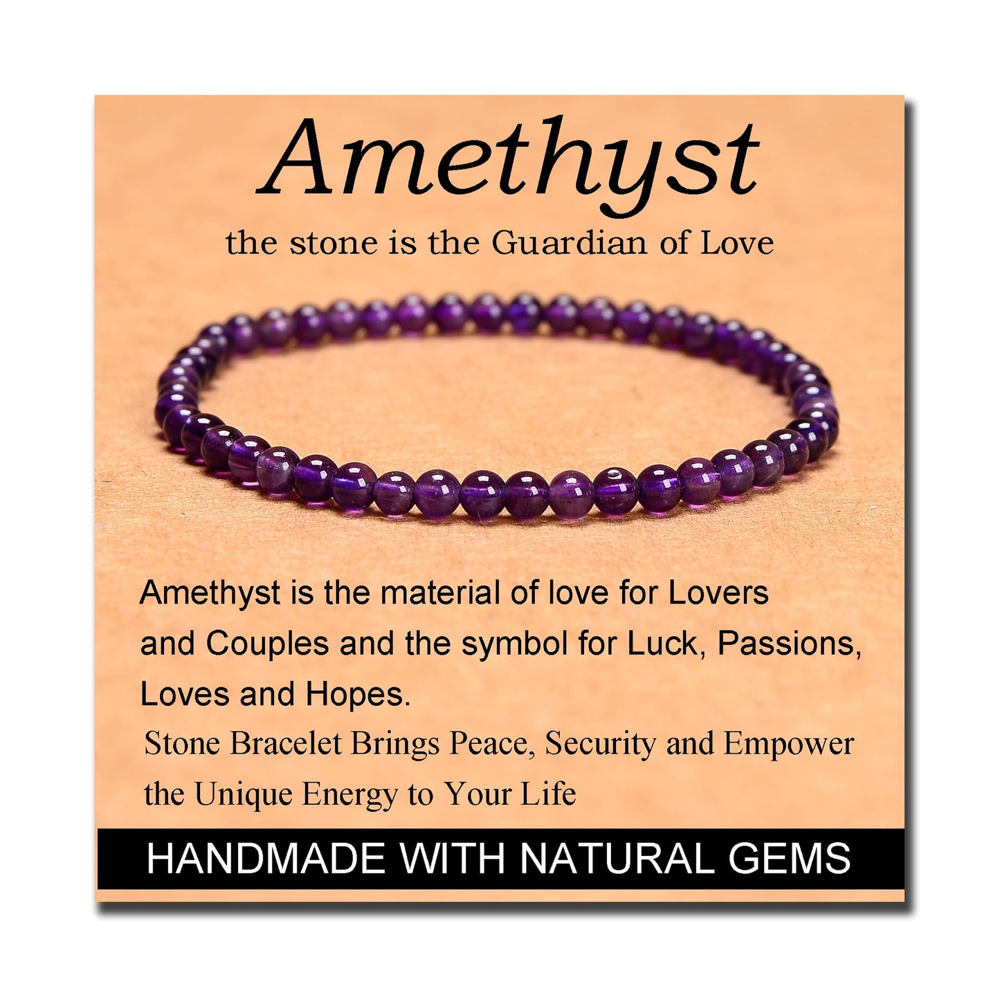 MASSIVE BEADS Amethyst - Guardian Stone - Handmade Handmade Yoga Stretch Elastic Bracelet Natural Stone Crystal Healing Power Energy Gifts for Unisex Adult 4mm