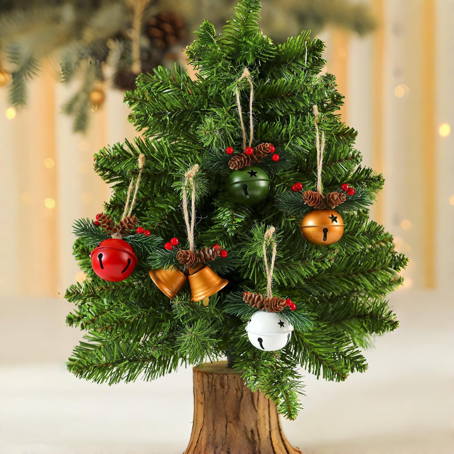 5 Pack Rustic Christmas Bell Ornaments with Pinecones & Berries - Metallic Hanging Decor for Christmas Tree,Mantel,Home (Green,Gold,Red,White)
