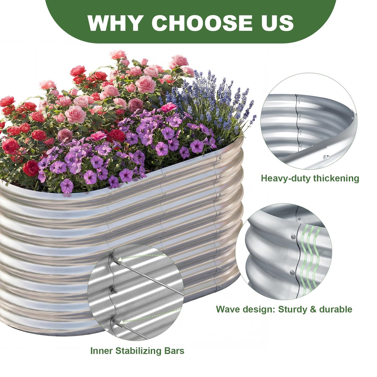 AHEONLAR 2 Pack 4×2×2ft Galvanized Raised Garden Bed Outdoor,Oval Sturdy and Durable Planter Boxes for Vegetables, Fruits, Flowers and Plants, Easy Assembly, Silver
