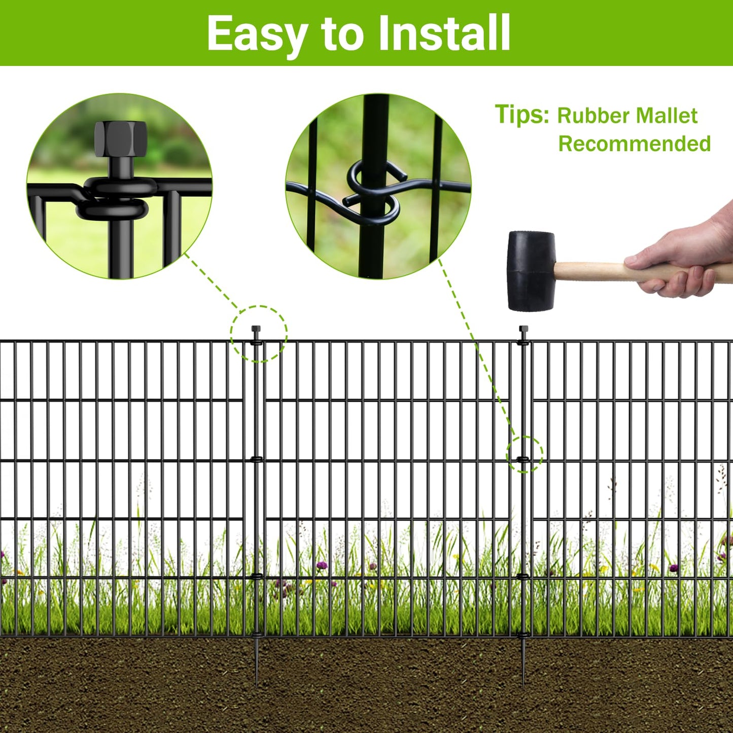 10 Panels No Dig Decorative Outdoor Garden Fence for Yard, 24 in(H) X 20 ft(L) Animal Barrier Fencing Rustproof Metal Wire Panel Border for Dog, Rabbits, and Patio Temporary Ground Stakes