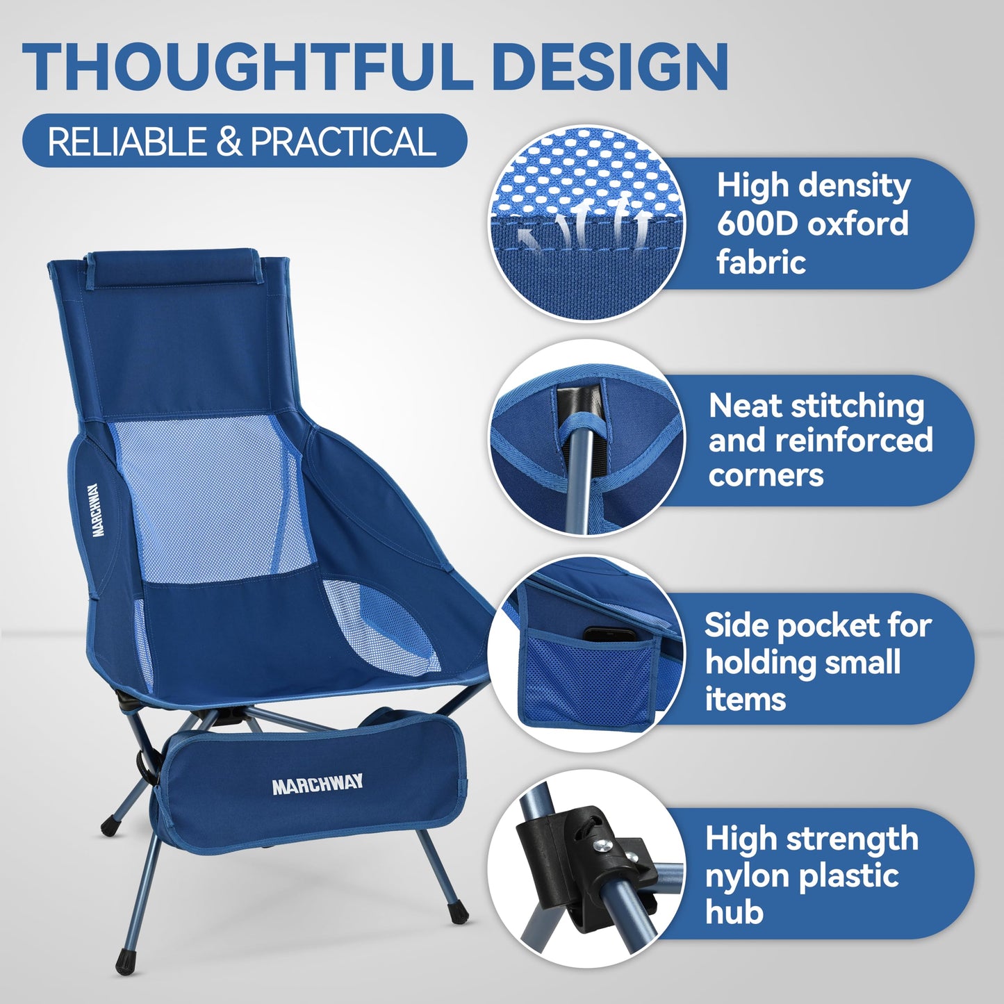 MARCHWAY Lightweight Folding High Back Camping Chair with Head Support, Stable Portable Compact for Outdoor Camp, Travel, Beach, Picnic, Festival, Hiking, Backpacking (Highback Dark Blue)