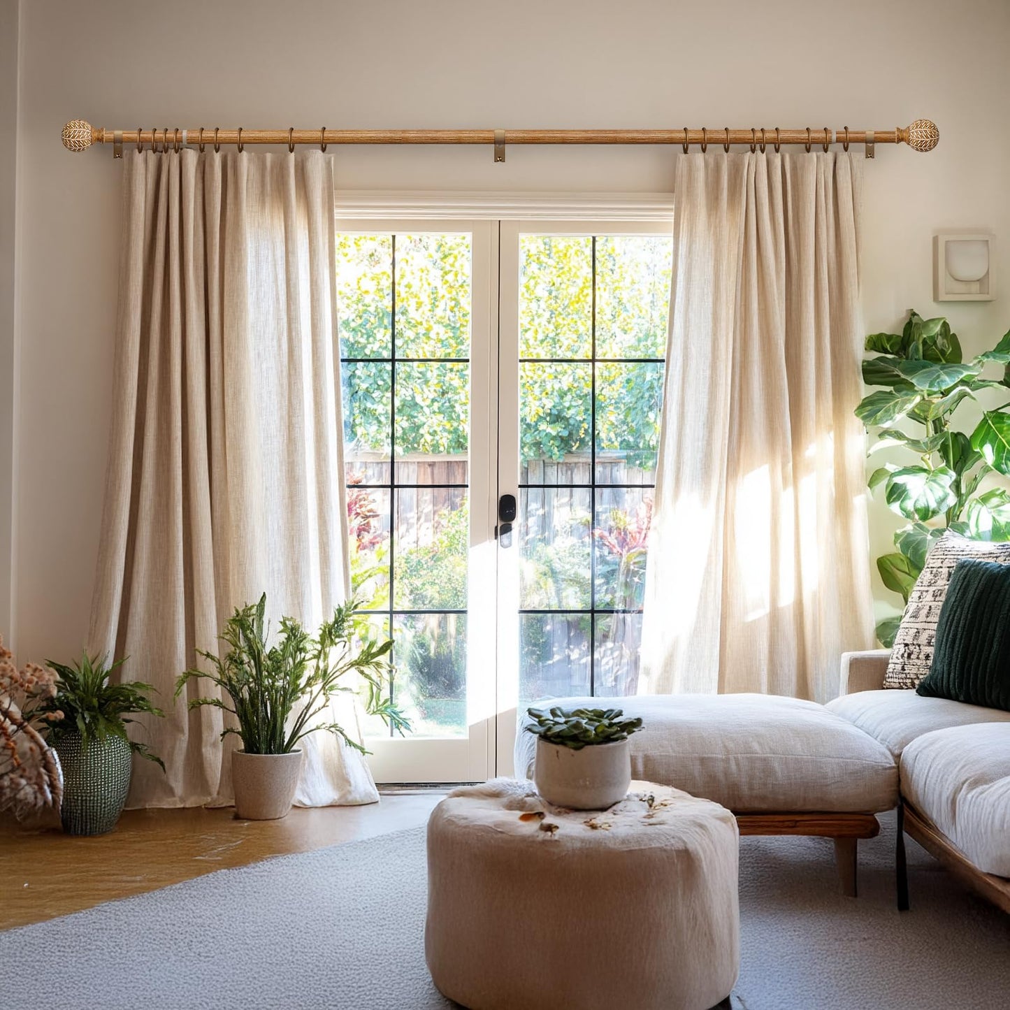 QDWIS Wood Curtain Rods for Windows 48 to 84 Inch,1'' Diameter Drapery Rods with Imitation Wood Grain Leaf Pattern Finials,Boho Adjustable Heavy Duty Curtain Rods Set,36-88'',Color:Natural Wood