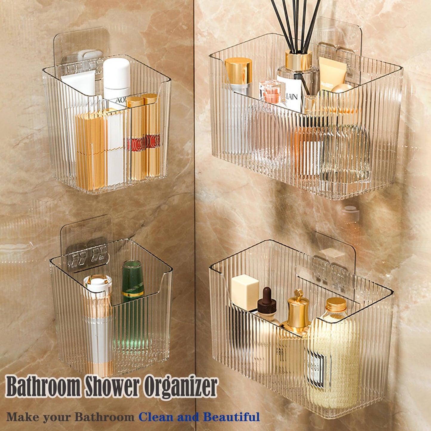 Lae Nuvole 2 Packs Cabinet Door Organizer Wall Mounted Shower Basket, Shower Caddy Stackable Plastic Adhesive Organizer for Bathroom, Kitchen, Cabinet, Pantry, Makeup, BPA Free, Clear
