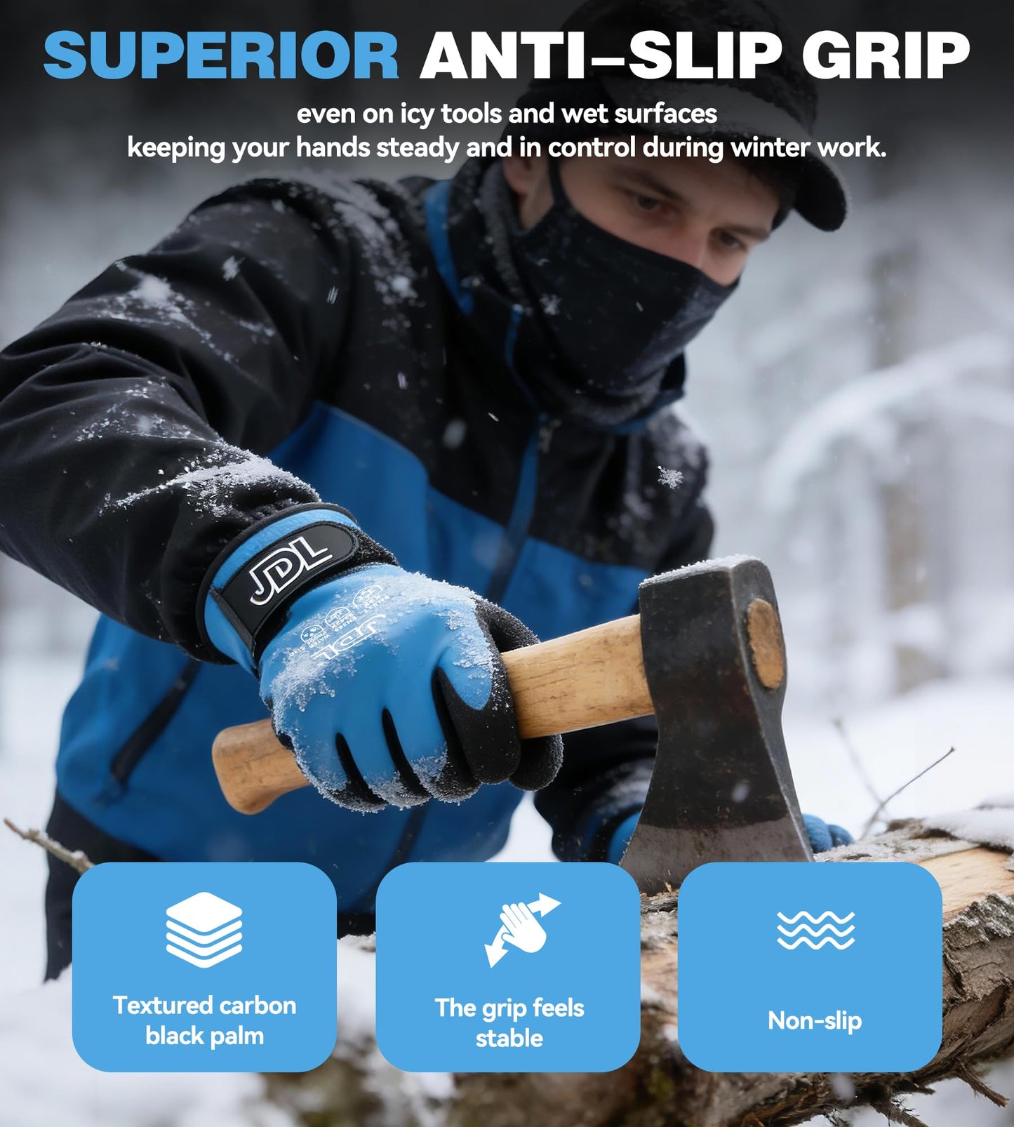 JDL 100% Waterproof Winter Work Gloves for Men & Women, Thermal Insulated Freezer Gloves for Cold Weather, Super Grip Palm, Blue, Large, X-Large
