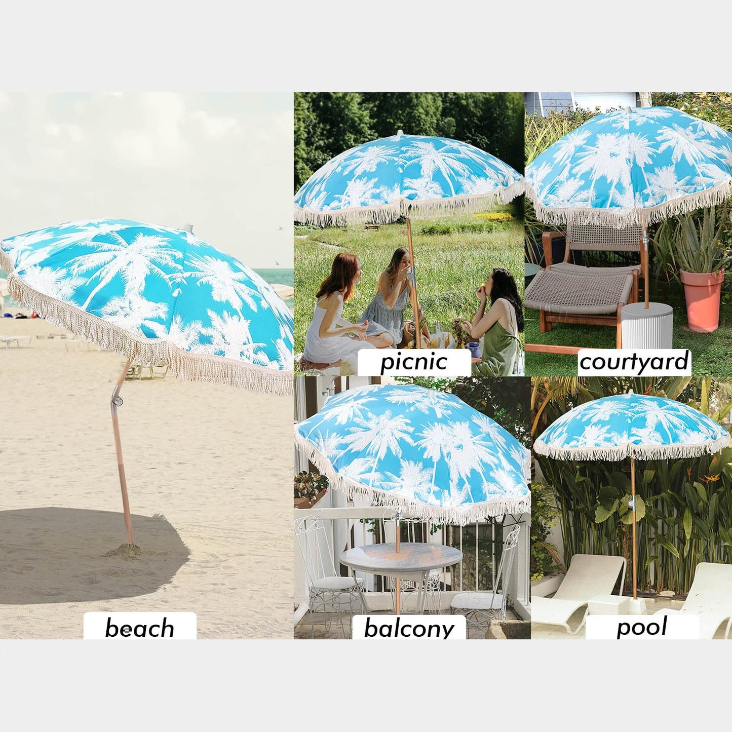 STANDERECT 6.5Ft Boho Beach Umbrella with Fringe, Tassel Umbrellas with Tilting Wood Pole & Carrying Bag, UPF 50+ for Beach (Palm)