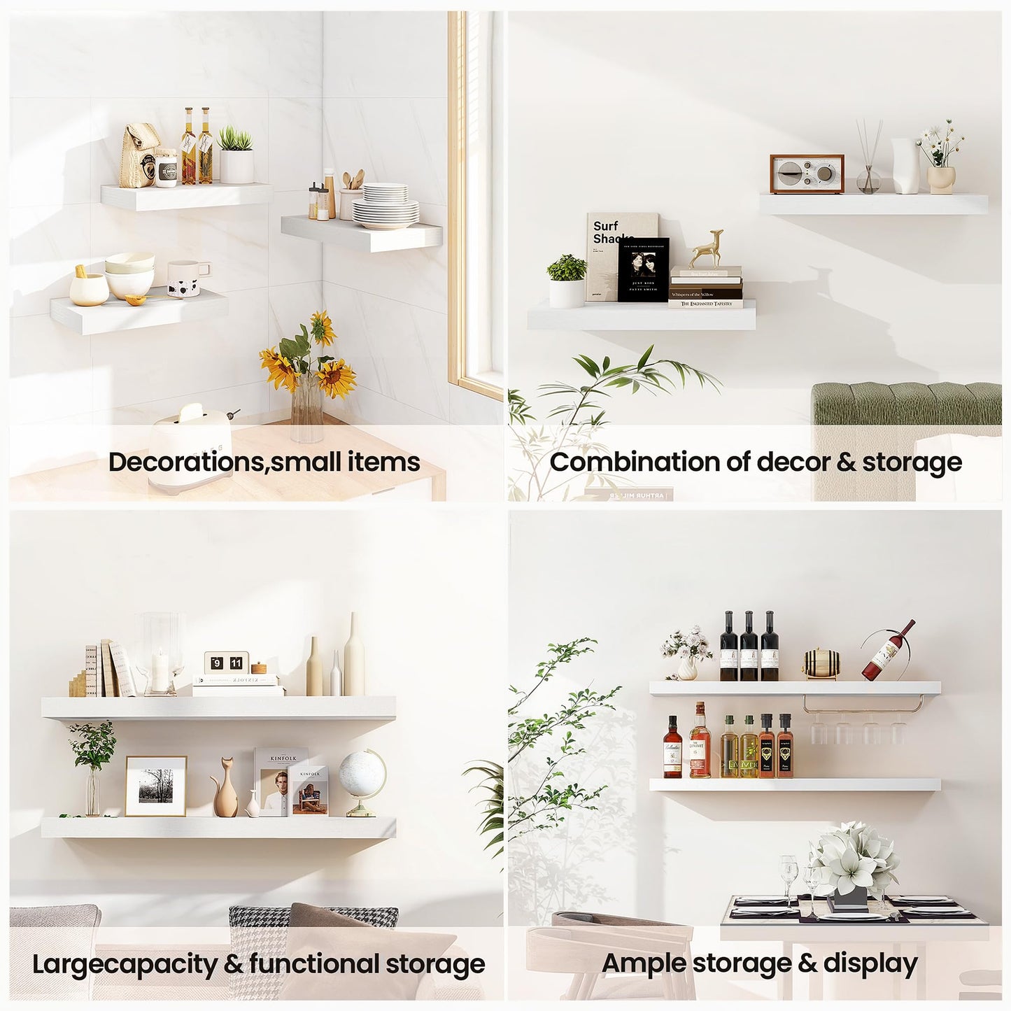 Vivelove White Floating Shelves for wall, 24 Inch Wall Display Shelves with Invisible Brackets, for Bathroom Living Room Kitchen Bedroom Office Farmhouse Home Decor, 24X9.3X1.5 - Set of 2, White