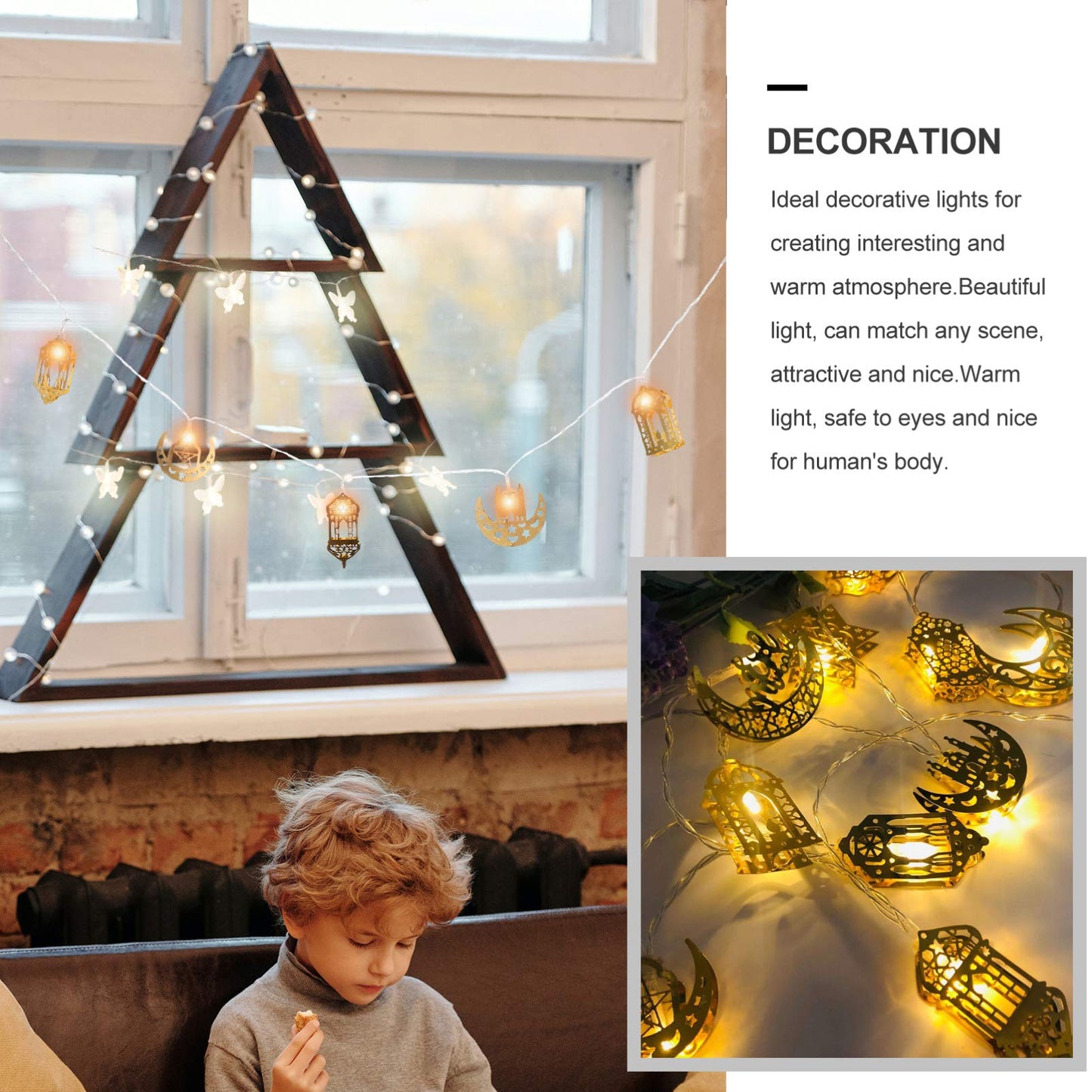Uonlytech 1 Set Muslim Ramadan String Lights Muslim Eid Party Light Decors Eid Mubarak Decoration Fairy String Lights Battery Operated LED Ramadan Lamp for Festival Golden