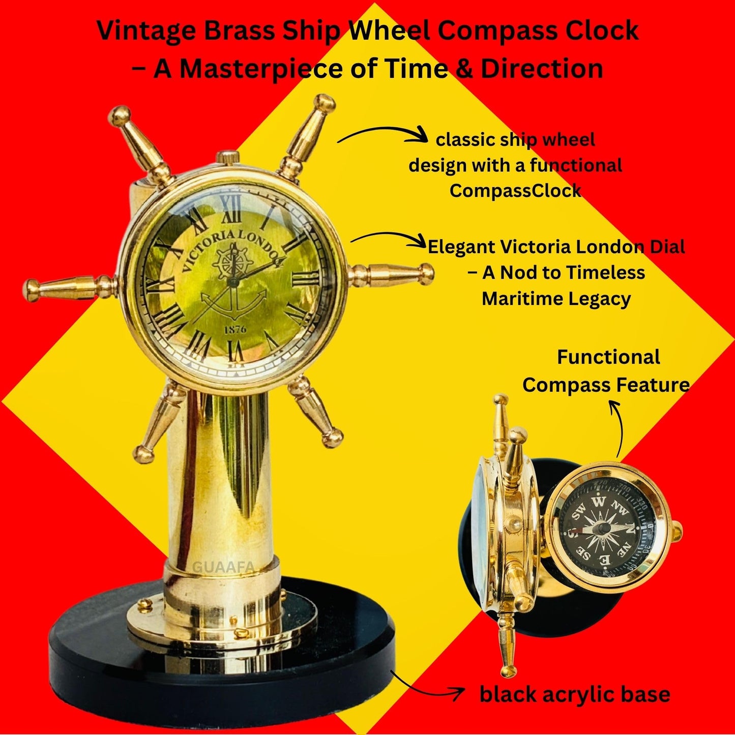 Ship Wheel Decorative Shipwheel CompassClock - Handmade Brass Tabletop Desk Decor Gift