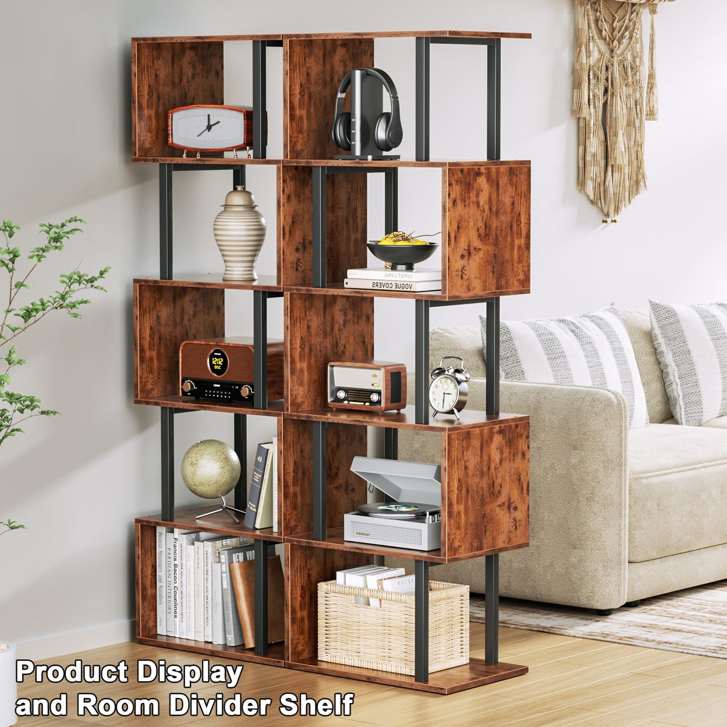 Furologee 6 Tier Bookshelf, Tall S Shaped Geometric Bookcase, Modern Display Shelf Standing Unit, Wood Metal Decorative Divider Rack for Living Room Bedroom Office, Rustic Brown