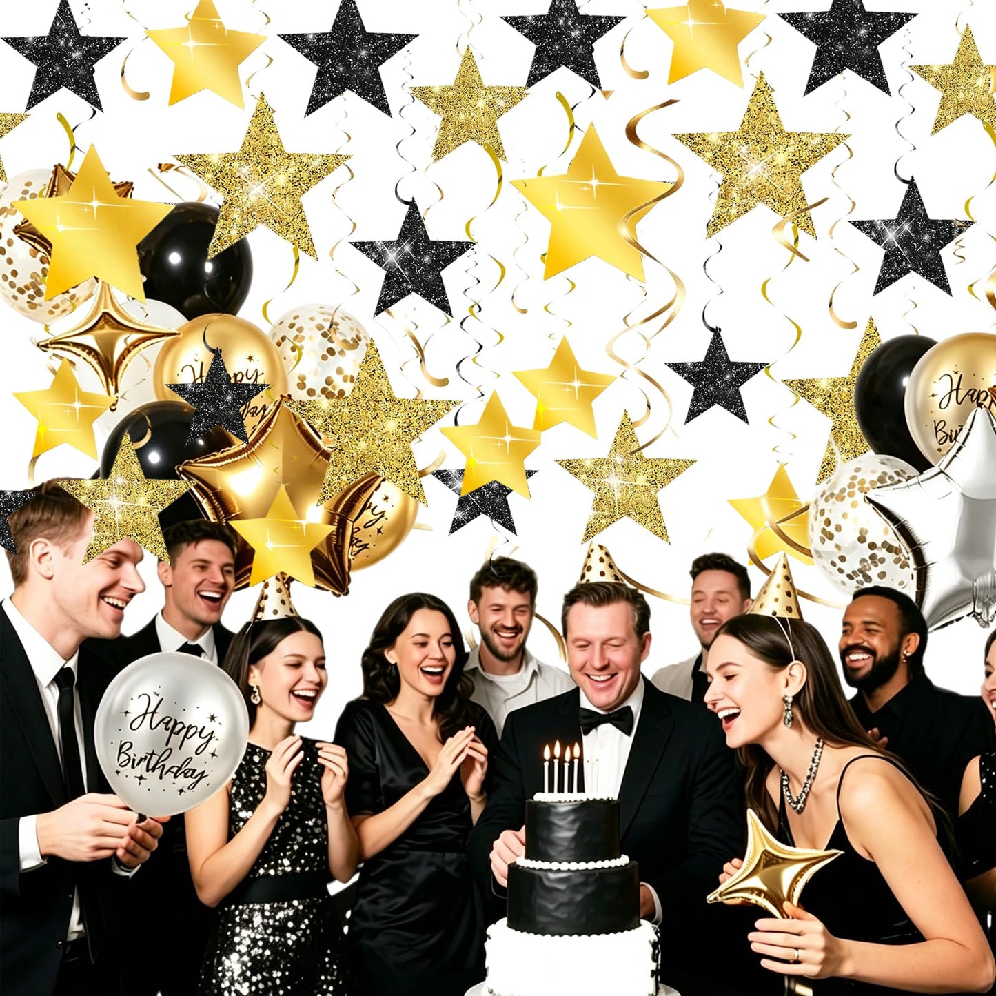 Black Gold Graduation Decorations/Black Gold Party Decorations/Black and Gold Star Hanging Swirls, 16 Pieces, for Birthday,New Year Eve, Graduation Star Party Decorations