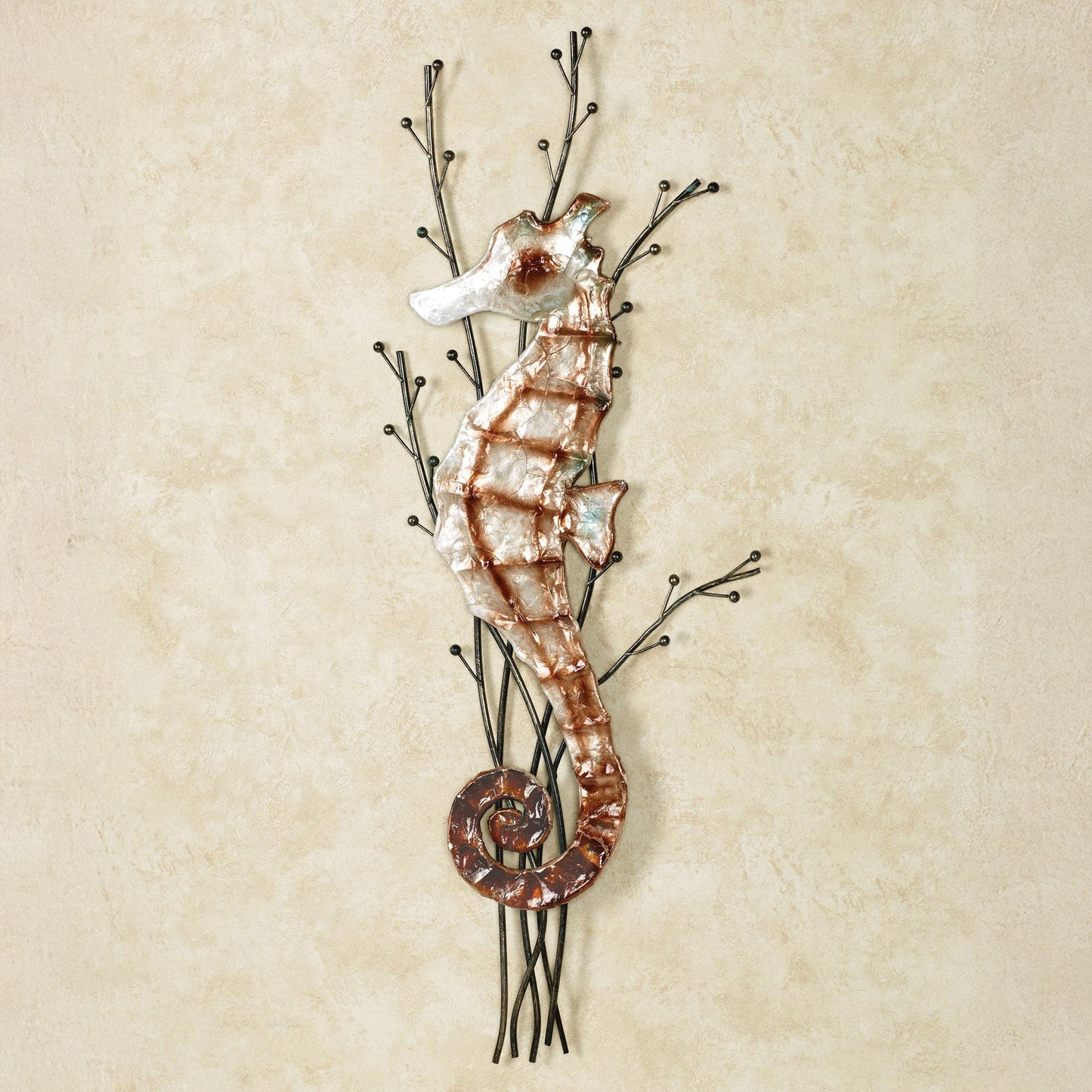 Touch of Class Atlantic Seahorse Metal Wall Sculpture Brown One Size - Coastal Style - Ocean Theme Decor - Metal and Capiz Shell Nautical Beach Themed Art for Bathroom, Bedroom - 31 Inches High