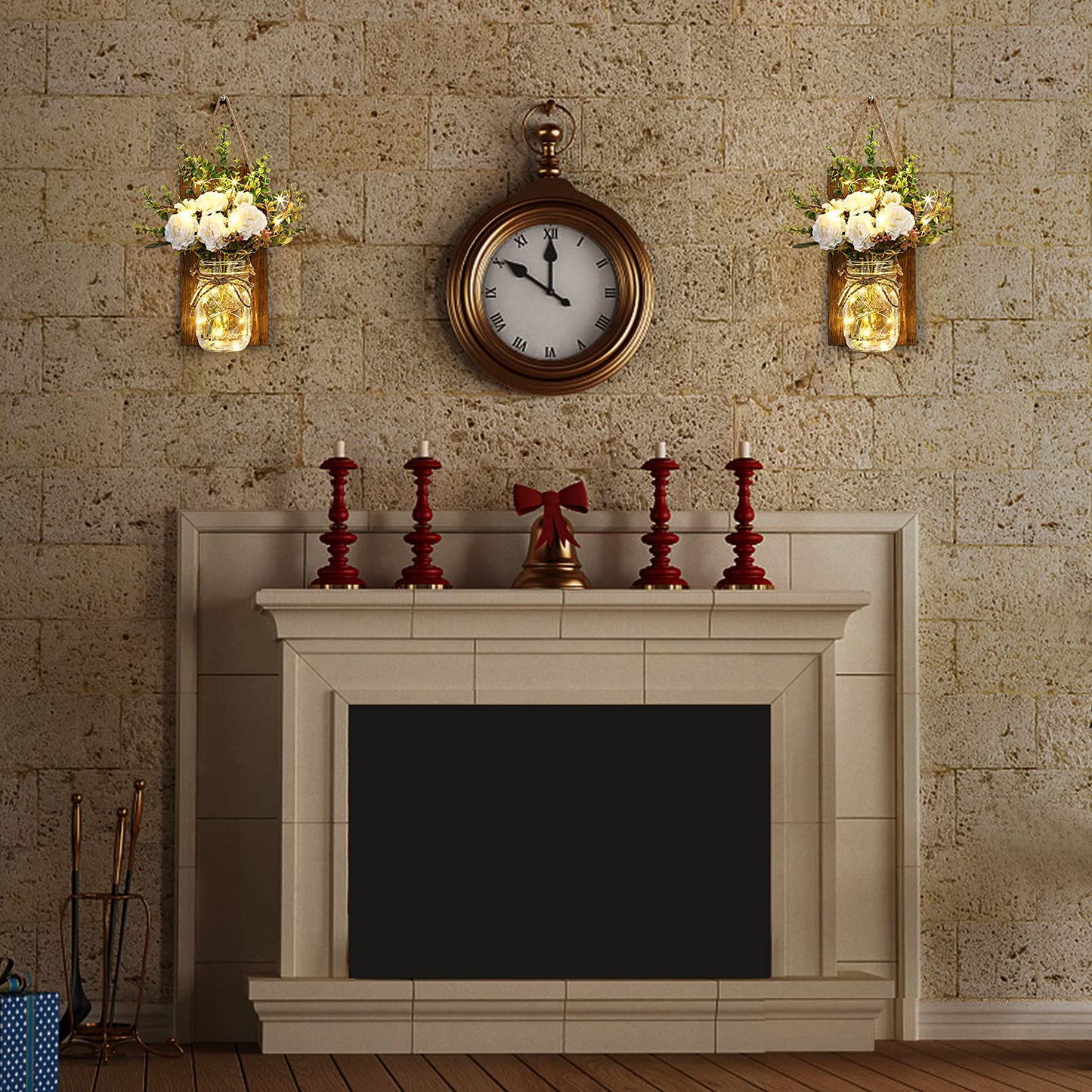 Lightess Wall Decor Mason Jar Sconces with Remote Control, Rustic Home Decor LED Fairy Lights with White Rose, Farmhouse Wall Decorations Lights Set of Two for Dining Room Living Room