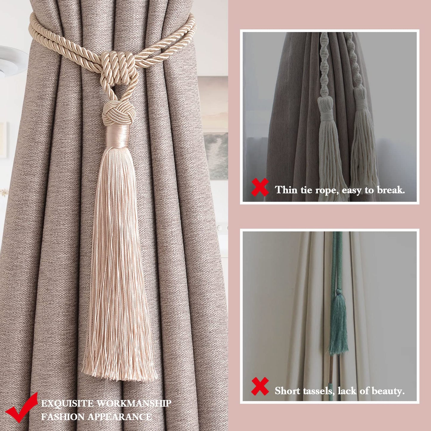 NICEEC 2 Pack Long Tassel Curtain Tiebacks Handmade Braided Rope Knot Drape Tie Backs European Style Decorative Curtain Holdbacks for Home & Office Window Drapery (Dark Beige)