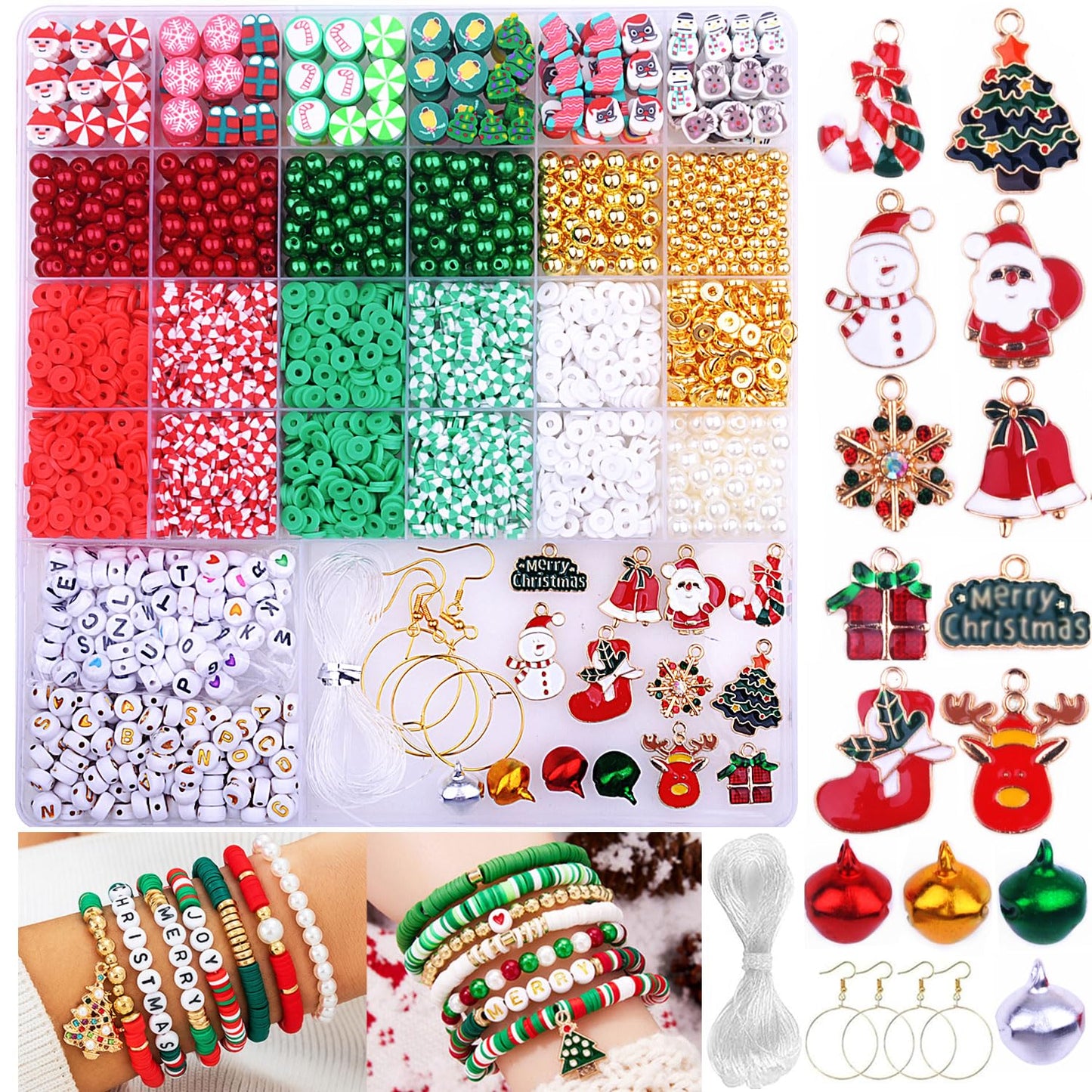 BBita 3680pcs Christmas Polymer Clay Beads Charms for Bracelets Making Kit Christmas Tree Snowman Santa Claus Snowflakes Bells Socks elk Friendship DIY Arts Crafts Gifts for Kids Girls