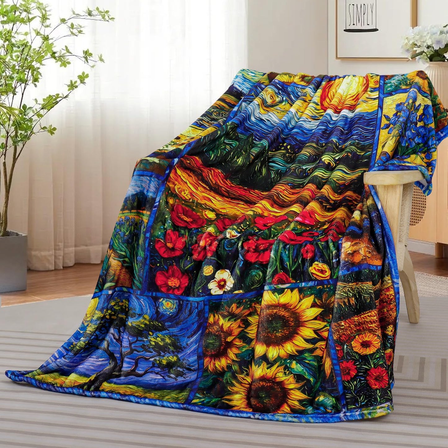 Homithley Oil Painting Collection Throw Blanket Van Gogh Art Patchwork Abstract Starry Night Sunflower Soft Flannel Blanket for Bedding Sofa and Travel Camping 50" × 60"