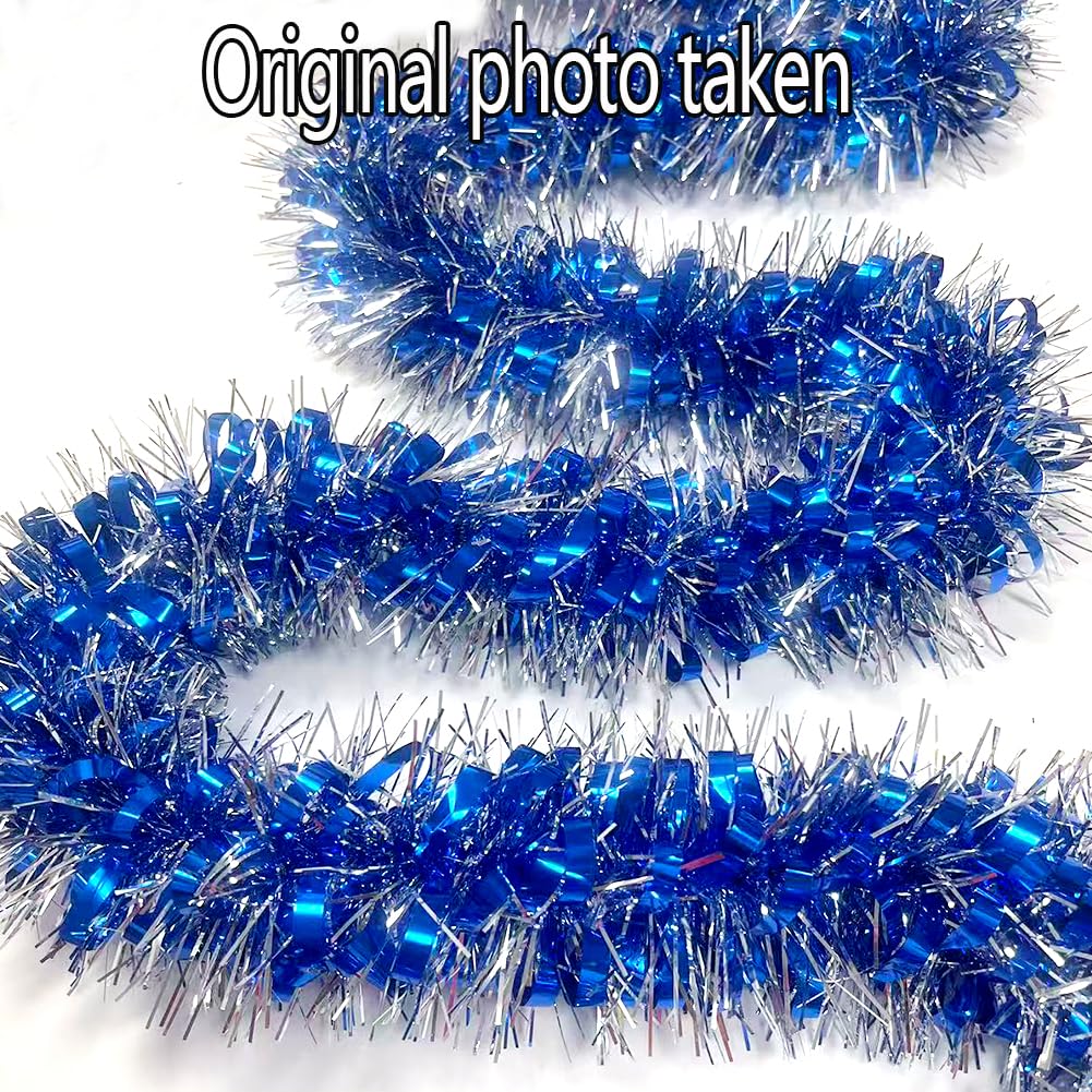 33Ft Long Blue Tinsel Twist Garland Shiny Thick Metallic Foil Xmas Tree Decorations for Birthday Party Christmas New Year Parties Parade Floats and Other Holidays Hanging Decor-(Blue+Silver)
