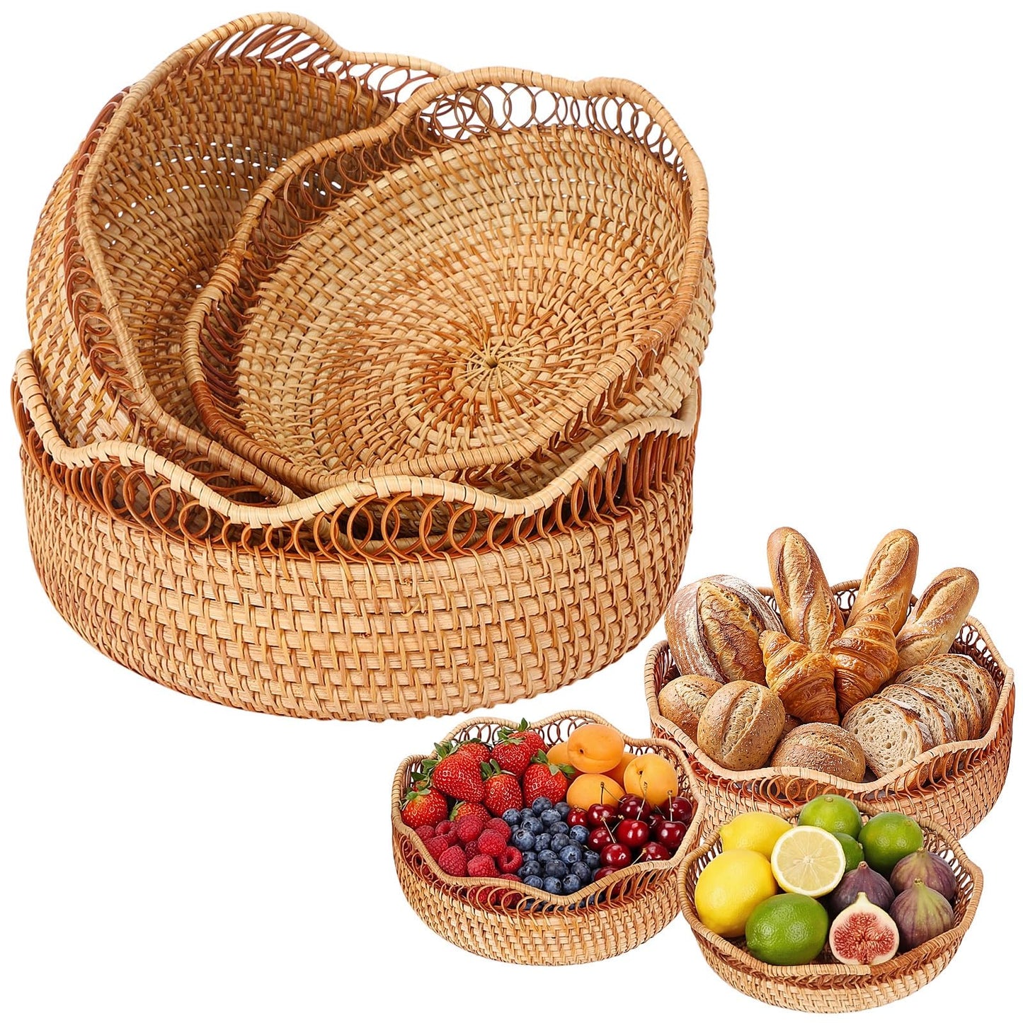 Teecyhooo Set of 3 Rattan Bread Basket for Serving Wicker Bread Basket Woven Round Fruit Serving Bowl Natural Handmade Food Storage Bowl Wavy Edge Tray Boho Decorative Tray for Kitchen Counter Decor