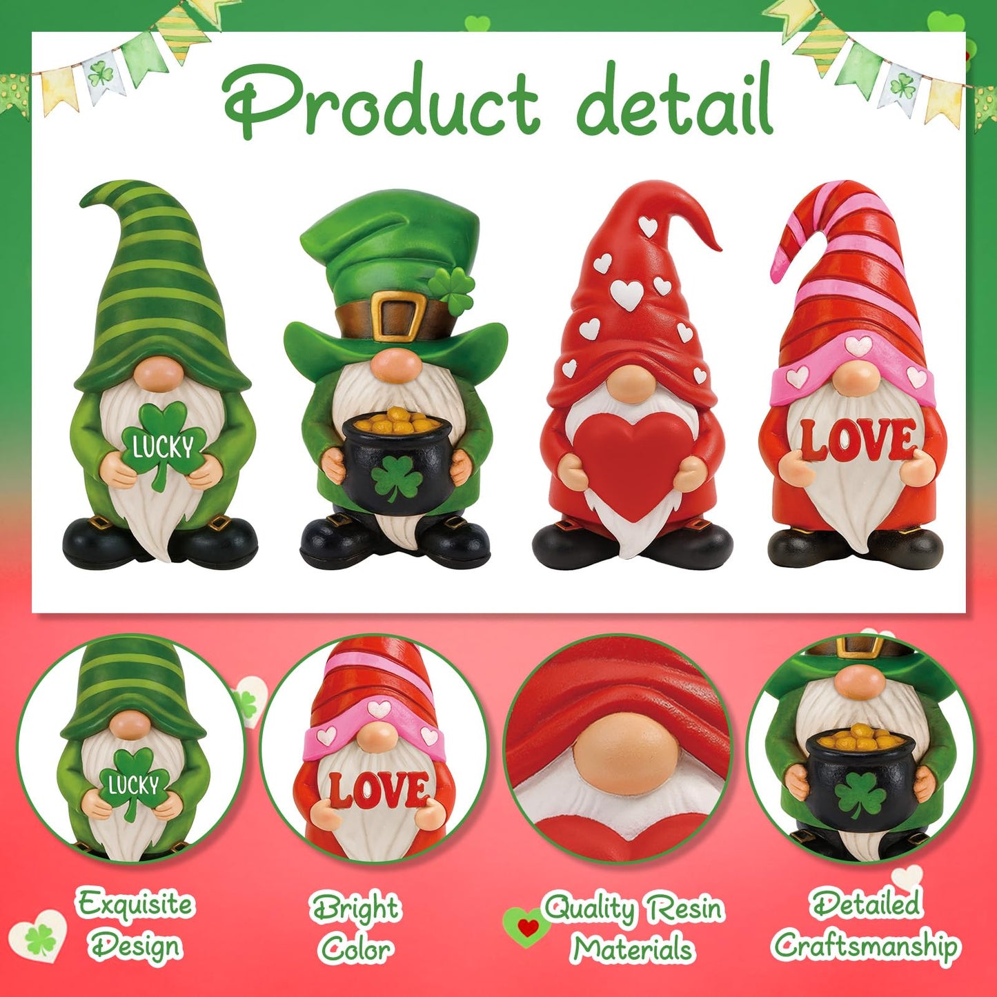 Simgoing 4 Pcs Holiday Gnomes Figurines 2 Valentines 2 St Patrick's Day Gnomes, Resin Love Heart Figurines Lucky Tabletop Decor Holiday Statues Centerpieces for Spring Home Table Tiered Tray