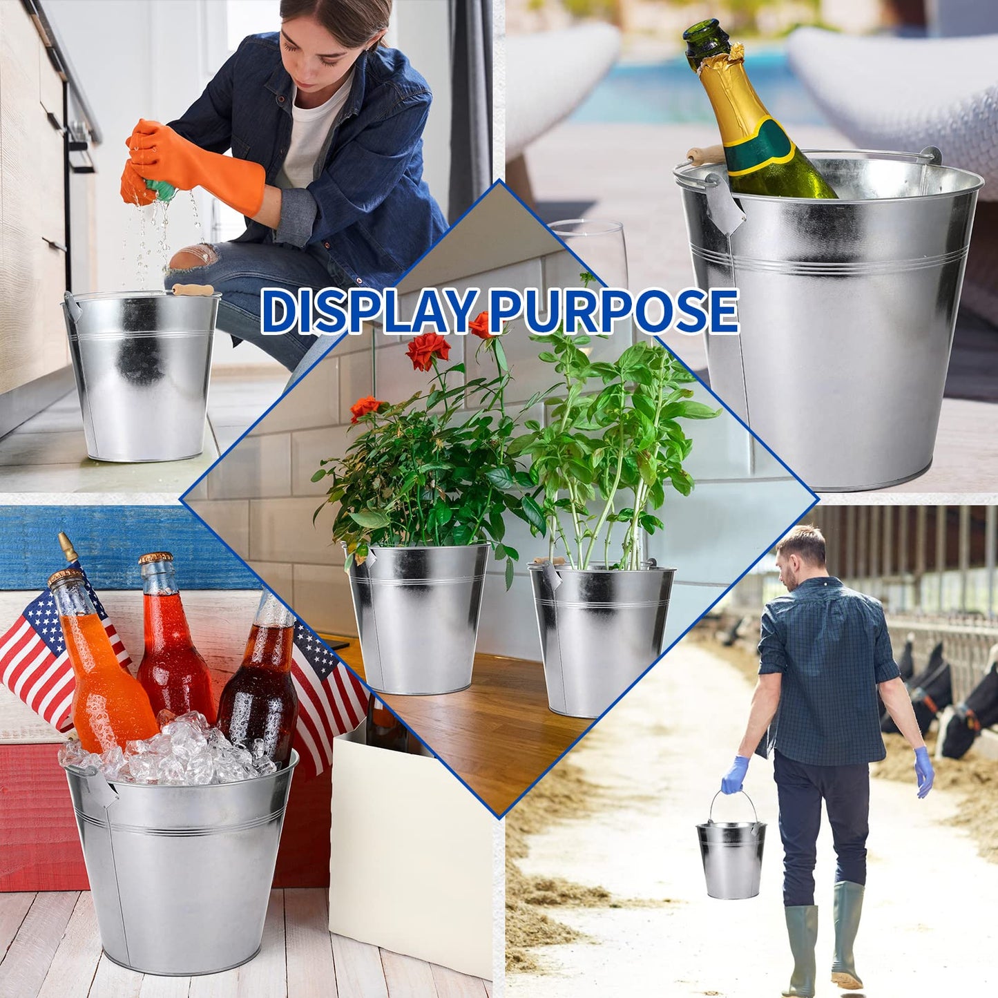 Didaey 12 Pcs 12 Pcs Large Galvanized Metal Buckets with Handle 10 Inch Heavy Duty Stainless Steel Pails Round Pail for Party Wedding, Crafts, Utensils, Table Centerpieces (Silver)