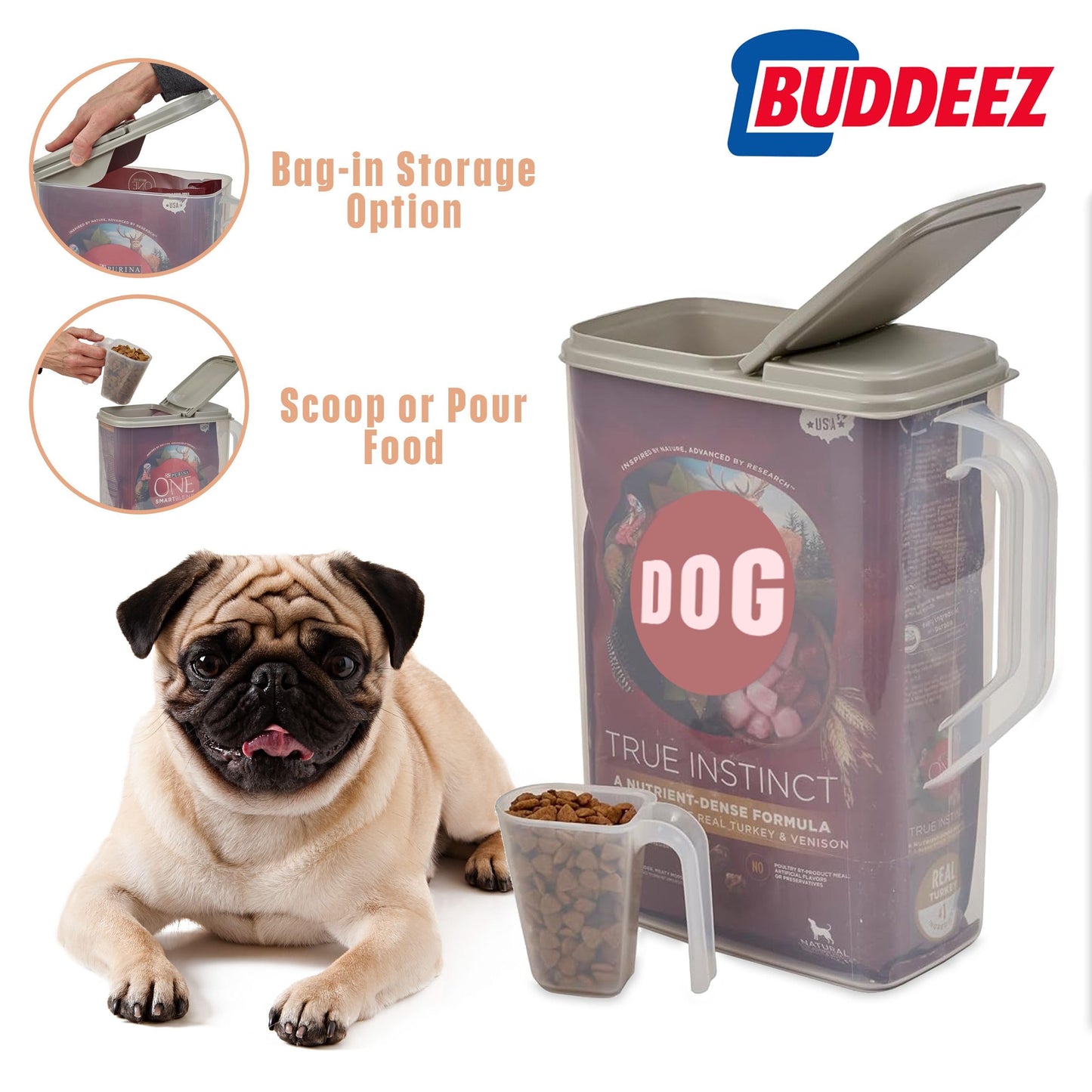 Buddeez Pet Food Storage Container - 8 Quart Capacity Bird Seed Container & Dog Food Storage, with Durable EZ Grip Handle and EZ Flip Lid with Pour Spout