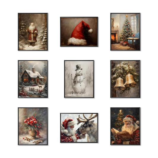 Vintage Christmas Canvas Wall Art Set of 9, Santa Claus Xmas Tree Snow Scene Prints Posters, Winter Holiday Artwork for Living Room Gallery Wall Decor, Christmas Aesthetic Home Decor 8x10 inch Unframed