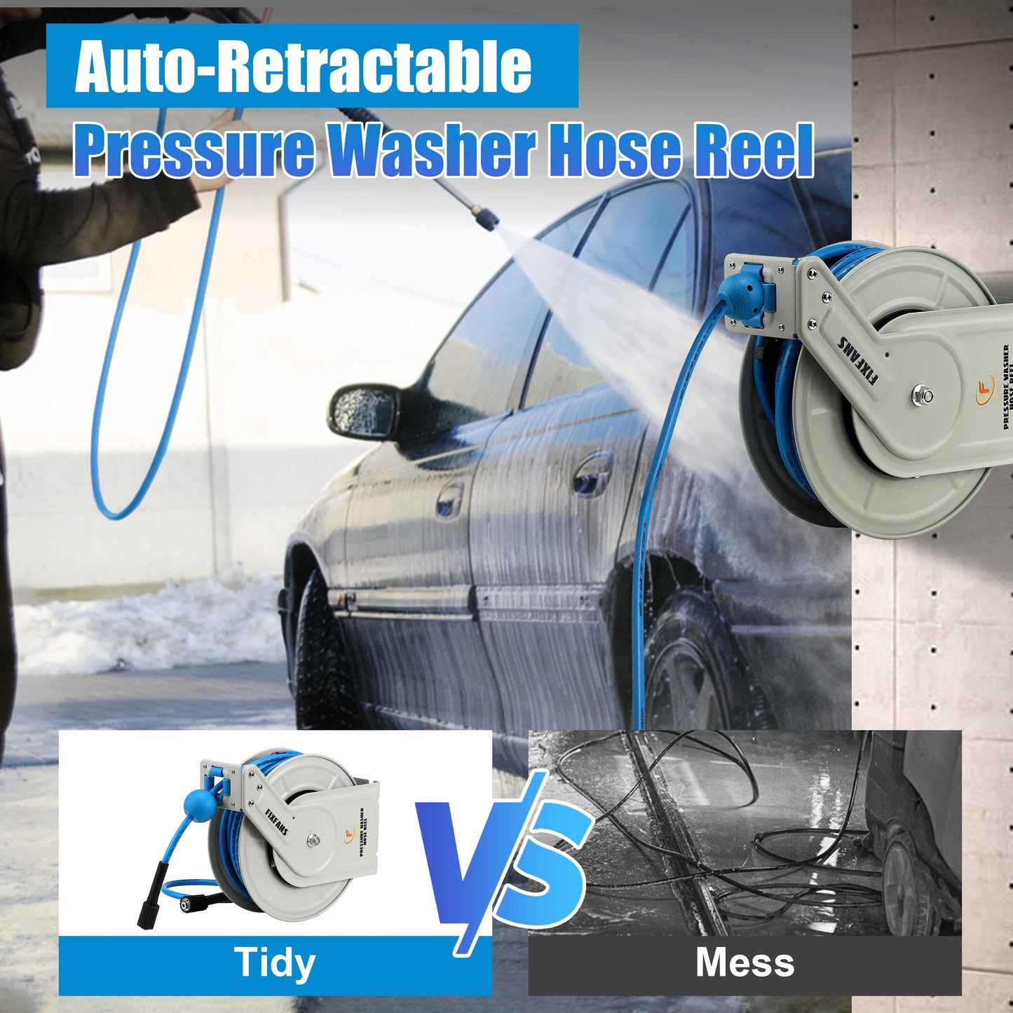 FIXFANS Pressure Washer Hose Reel with Hose, 1/4" × 60ft Retractable Power Washer Hose Reel, Heavy Duty Hose Reel Auto Rewind, Wall Mounted, 3600 PSI