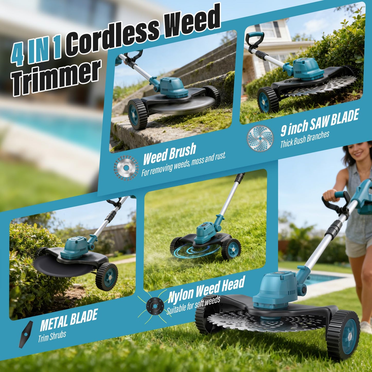 Electric String Trimmer Cordless with Wheel, 1000W Battery Powered Weed Wacker, 2x4.0Ah Batteries, Adjustable Length, 4‑in‑1 Lightweight Grass Trimmer/Brush Cutter/Weed Trimmer/Edger Tool