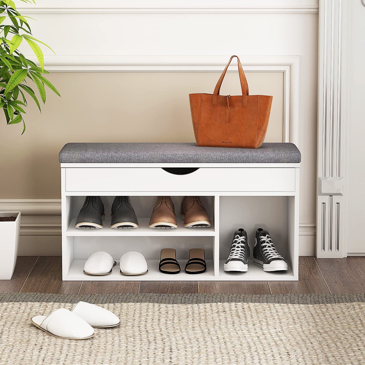 WelFurGeer Shoe Bench with Storage, White Shoe Storage Bench, Entryway Bench with Storage, Entryway Shoe Storage Bench White + Gray