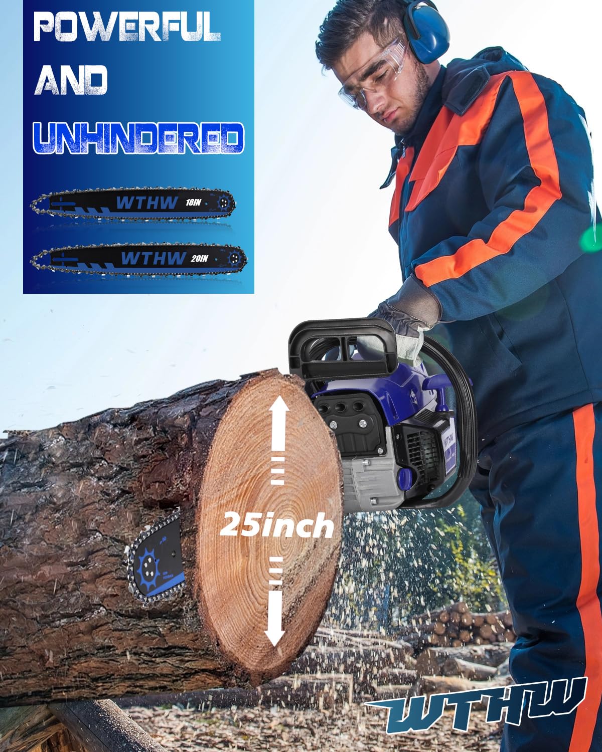 WTHW 58 cc Gas Powered Chainsaw, 20 in & 18 in Quick-Switch Bars – 550 ml Fuel 260 ml Oil Tanks, Automatic Chain Oiler, Centrifugal Air Filter, Quick Start, Inertial Chain Brake (Blue)