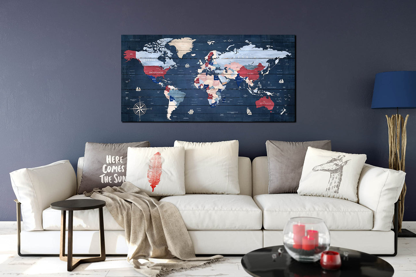 ZHAOSHOP Blue World Map Wall-Art For Office - Large World Maps For Wall - Canvas Wall Art Stretched and Framed Ready to Hang Size 40" x 20"