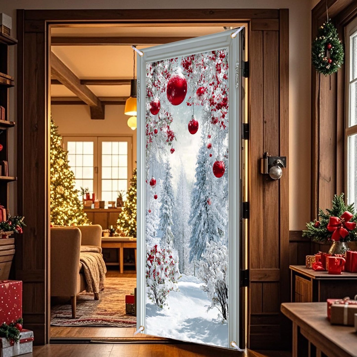 Nuxovilar Snow Scene Door Cover with Red Accents Background Winter Xmas Holiday Wonderland Decorations Party Supplies Hanging Banner for Home, Office, Indoor & Outdoor Use (35x71 Inches)