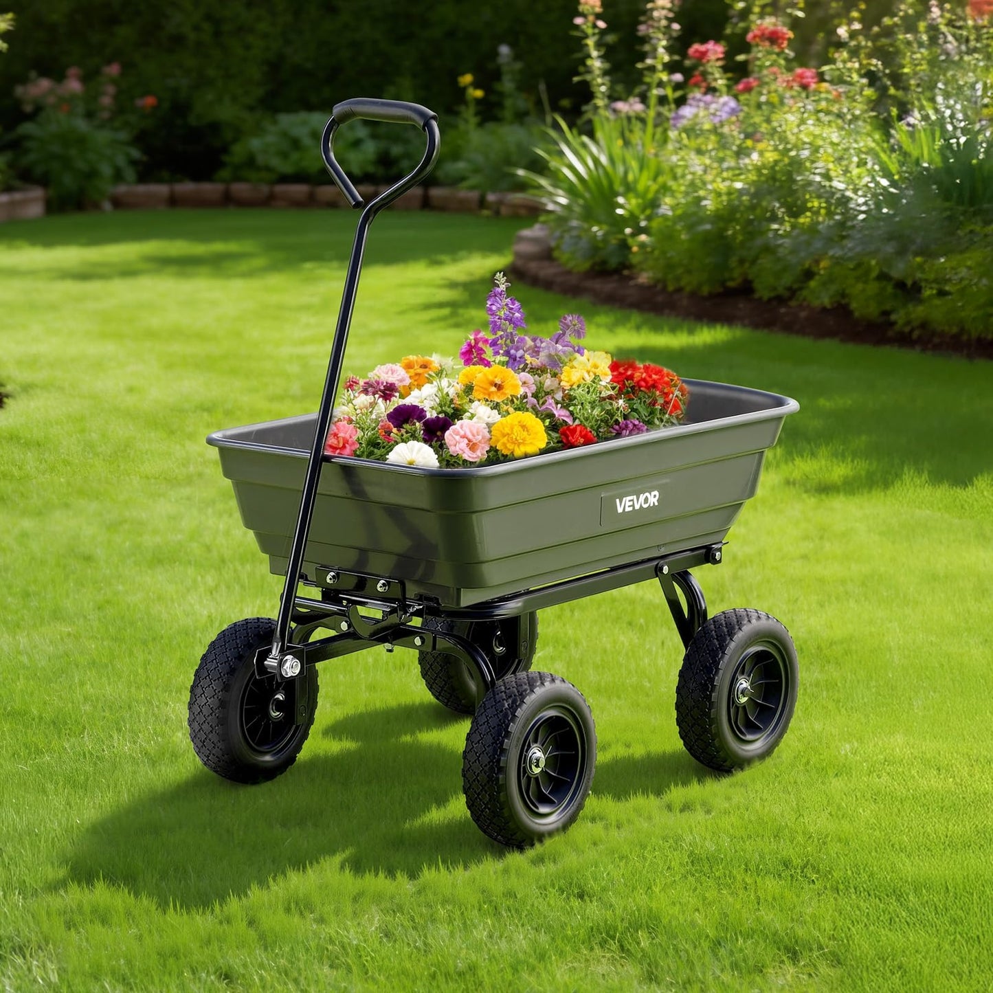 VEVOR 4 Cu.Ft 600LBS Poly Garden Cart Dump Wagon, 4 Wheel Heavy Duty Wheelbarrow with 10" Flat Free Tires, Yard Cart Dump Wagon with Quick-Release System