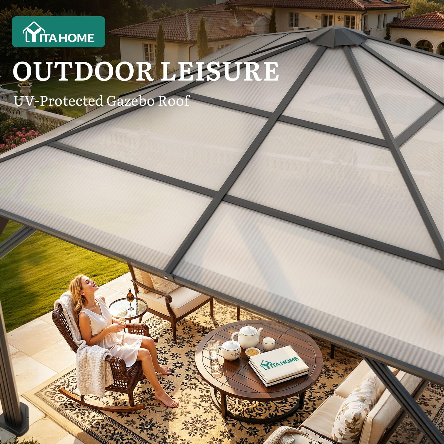 YITAHOME 10x10ft Gazebo Hardtop Outdoor Polycarbonate Canopy with Netting and Shaded Curtains, Metal Frame Garden Tent for Patio, Backyard, Deck and Lawns
