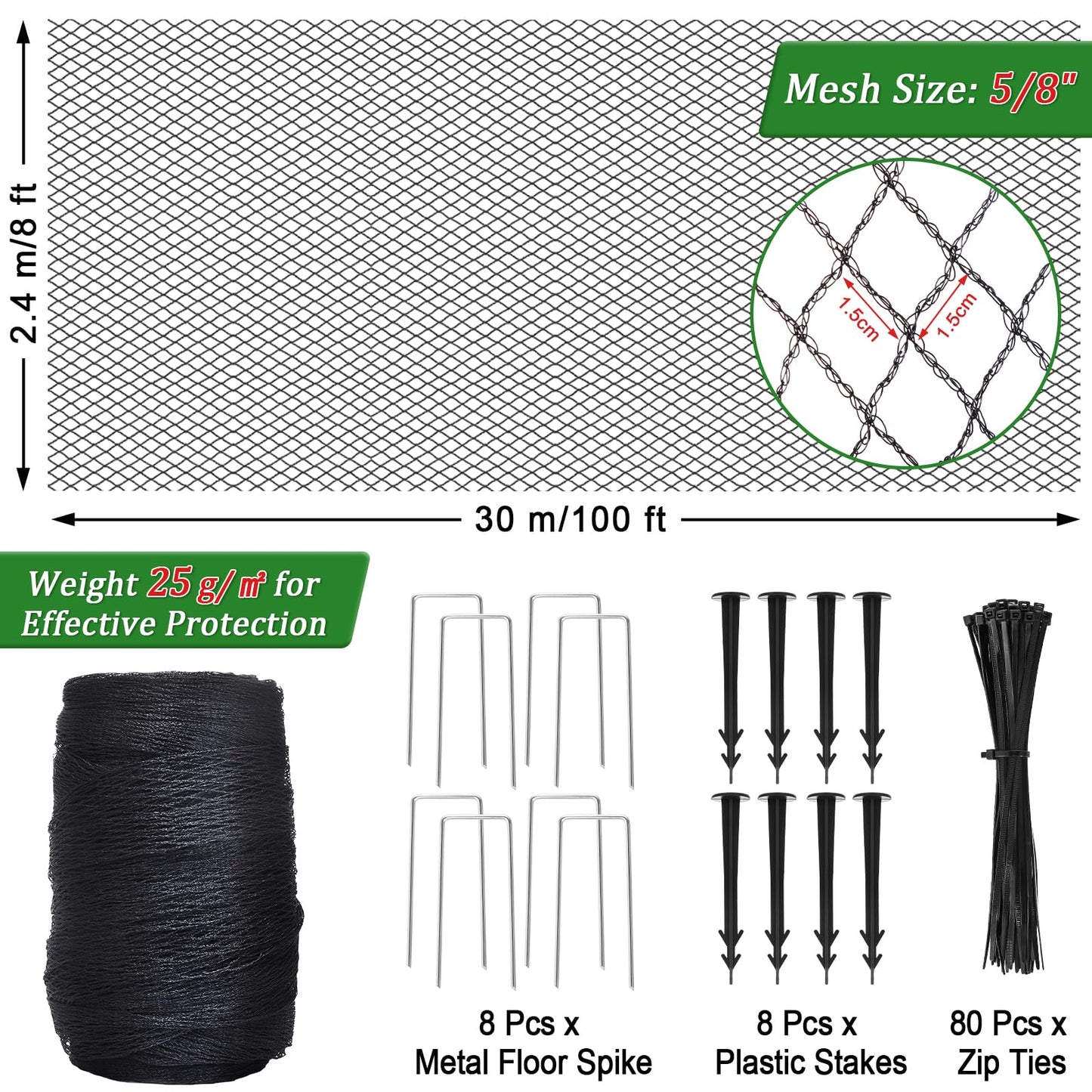 8 X 100 Ft Garden Netting, 5/8in Mesh Heavy Duty Bird Netting for Vegetable, Fruit Trees, Blueberry Bush Protection, Reusable Poultry Netting Against Birds, Deer, Rabbit and Cat, Chicken Coop Net