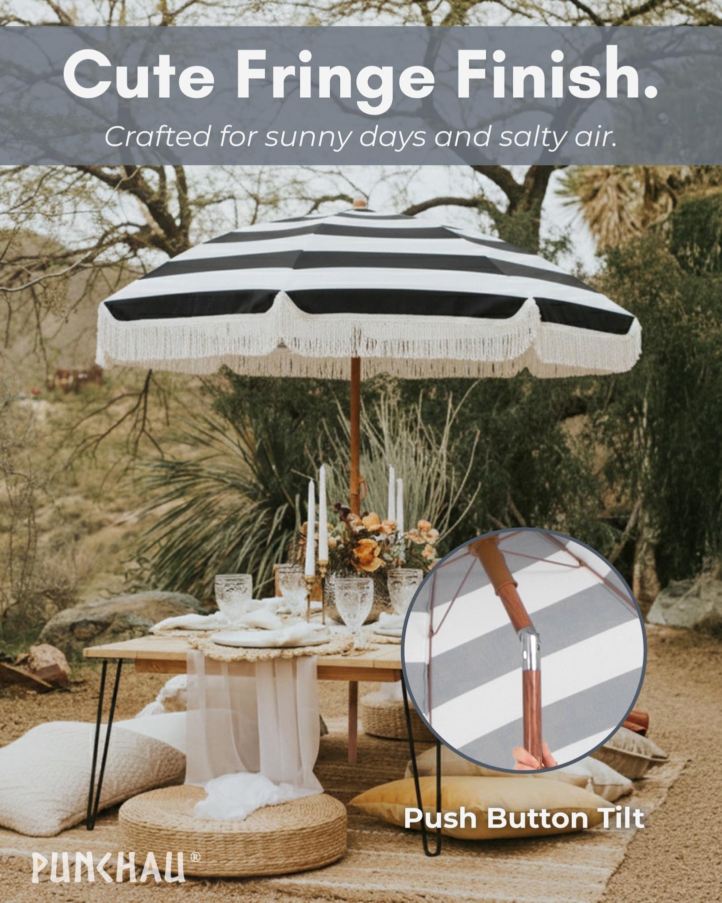 Punchau 6 Ft Fringe Patio Umbrella - Outdoor Umbrella for Patio, Pool, Table, Garden, Deck, & Beach - Push Button Tilt Pole - Fashionable Boho Vintage Tassels & Wood Print - Black & White