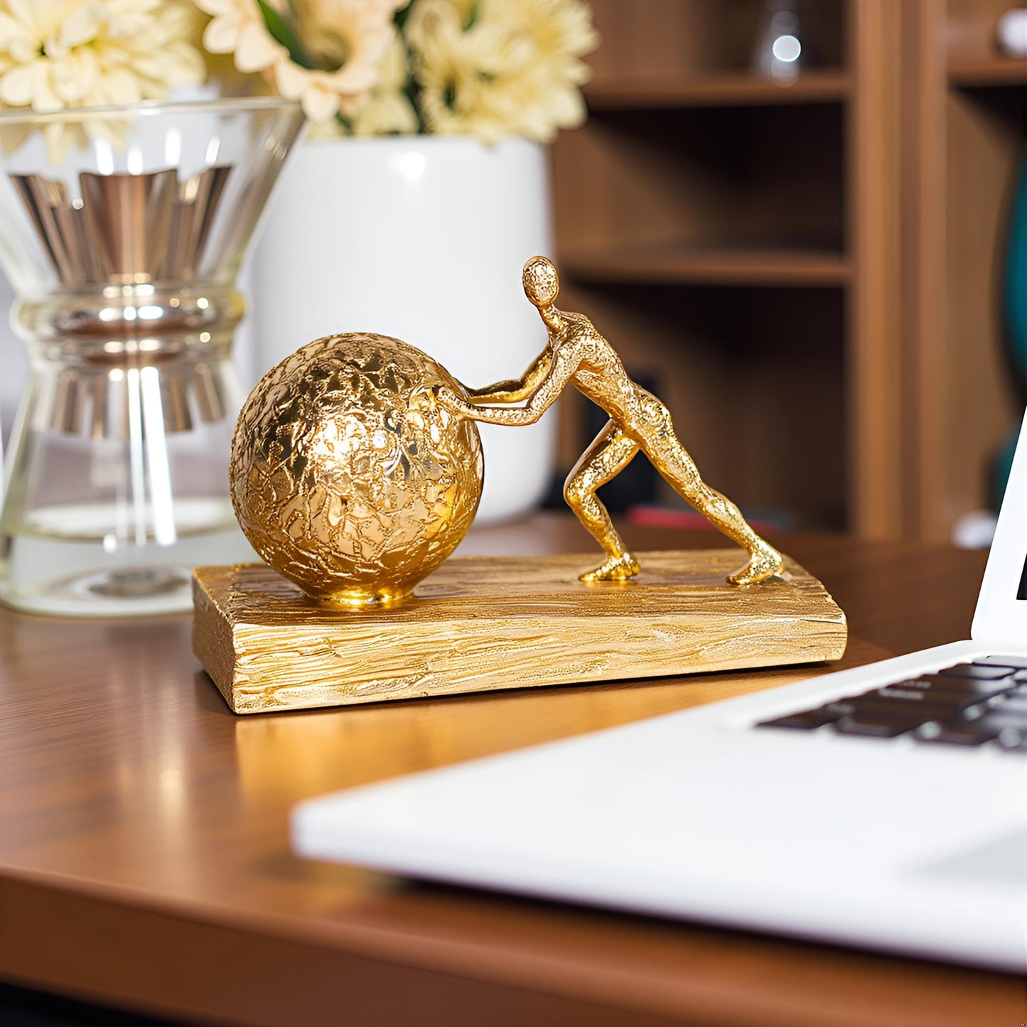 Hebdids Man with Sphere Iron Statue Metal Sculpture Sportsman Art Metal Ornament Figurine Home and Office Decor （Golden）