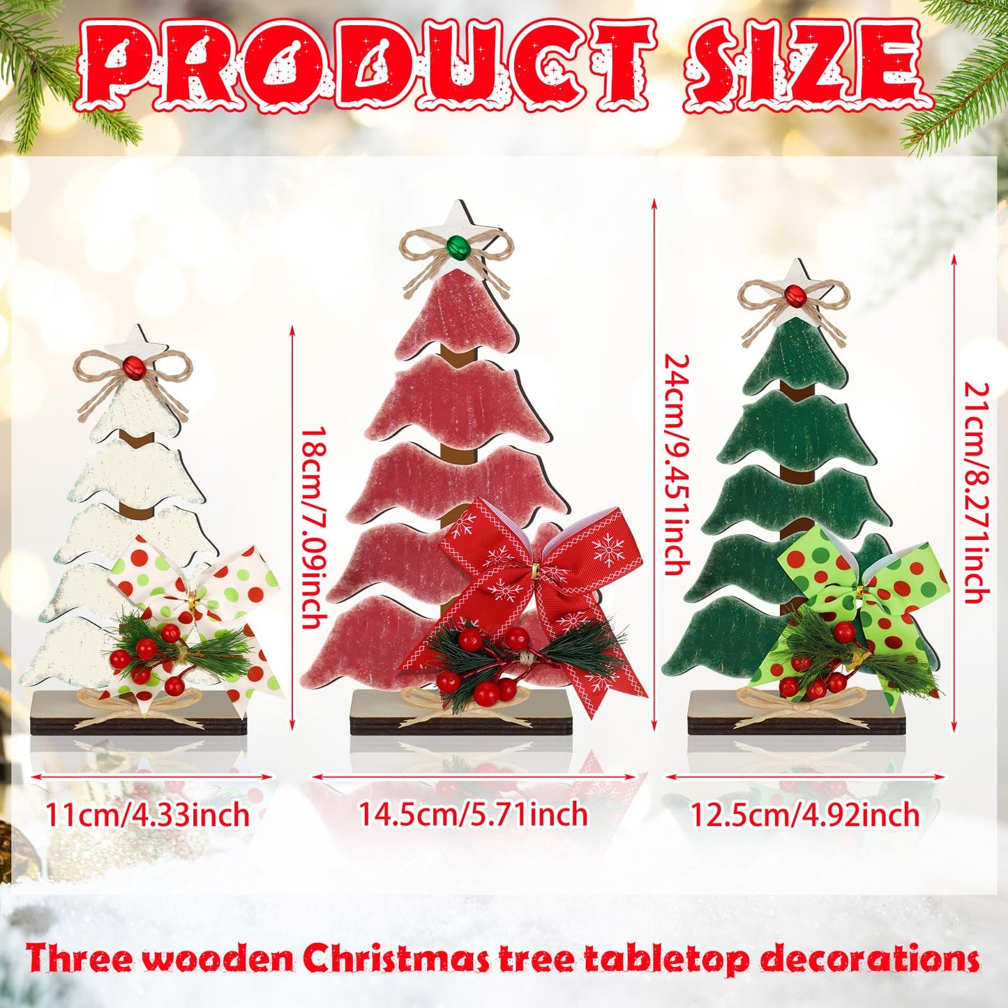 CroBlissful 3 Pcs Wooden Christmas Tree Tabletop Decorations Christmas Centerpieces for Table Rustic Xmas Tiered Tray Decor Table Sign with Hemp Rope Bow Bell for Holiday Party(Classic)